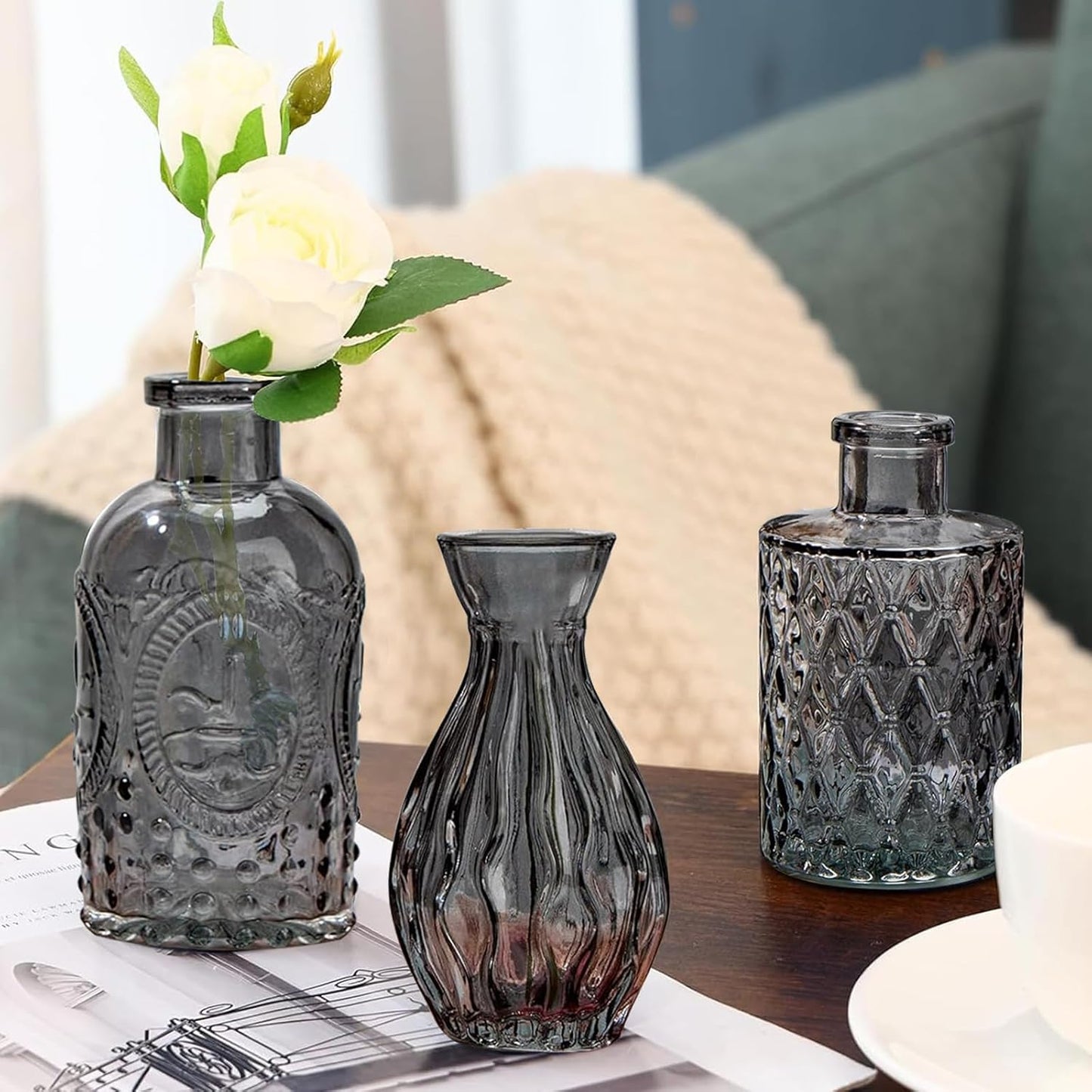 20 Pcs Black Glass Bud Vases- Set Gray Small Vases for Flowers, Vintage Style Cute Glass in Bulk for Centerpieces Rustic Decorative Flower Wedding Table Home Decor