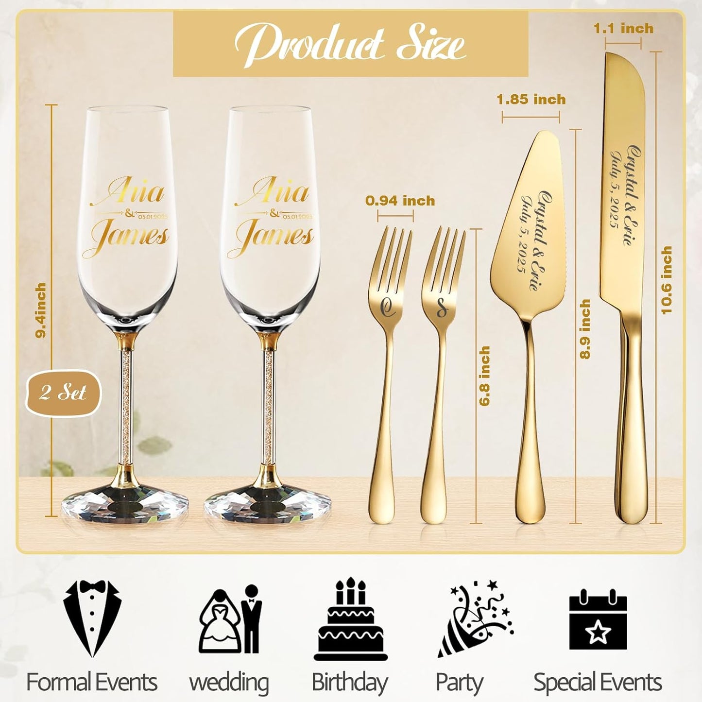 HJX Personalized Wedding Cake Knife and Server Set with Champagne Flutes, Custom Name Text Toasting Glasses for Bride and Groom, Cake Cutting Set Ideal Wedding Engagement Bridal Shower Gift