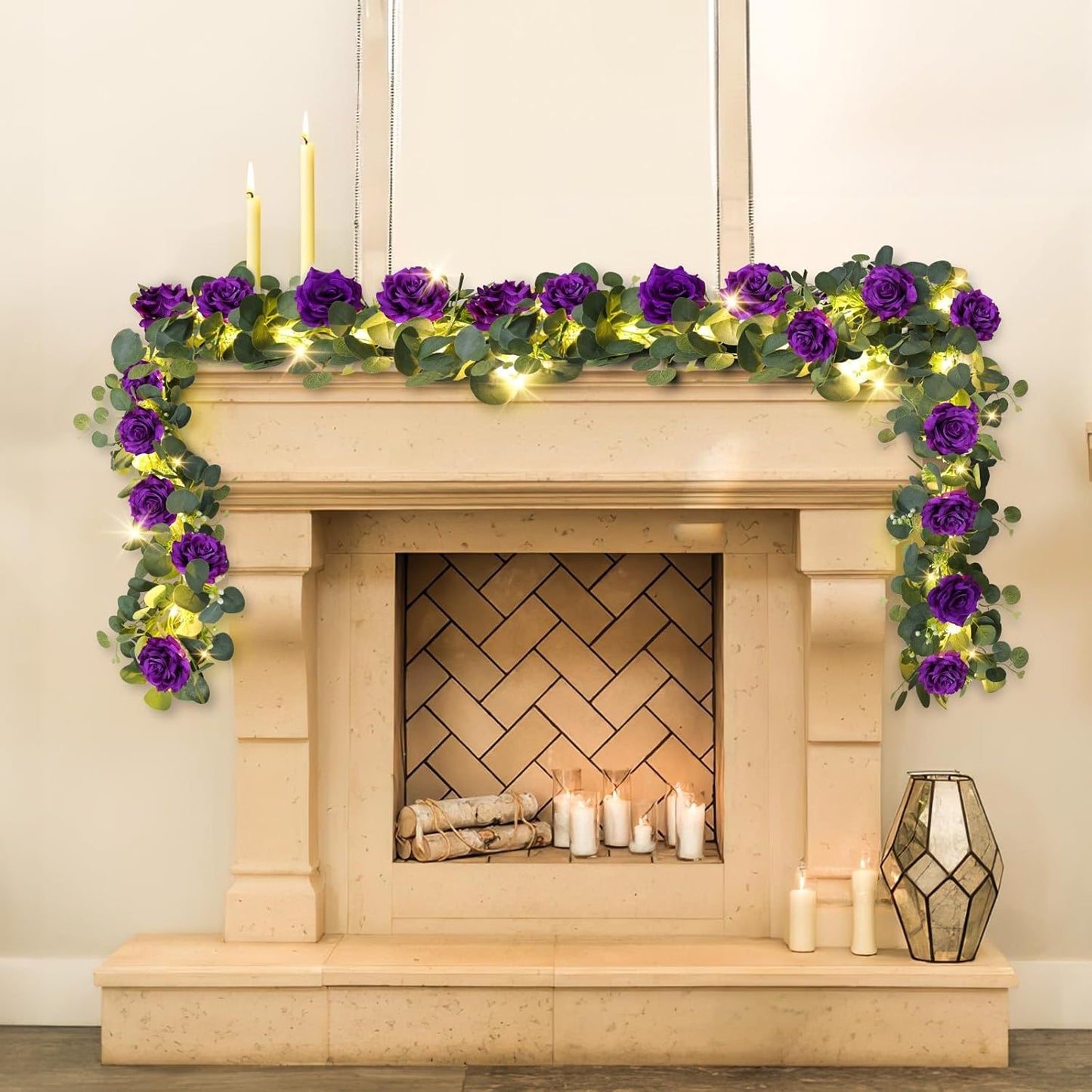 MACTING 4 Pack 26.4FT Eucalyptus Garland with Lights - Spring Gypsophila Flower Garlands with 48 Purple Roses Artificial Floral Greenery Vines for Arch Table Centerpieces Backdrop Party Wedding Decor