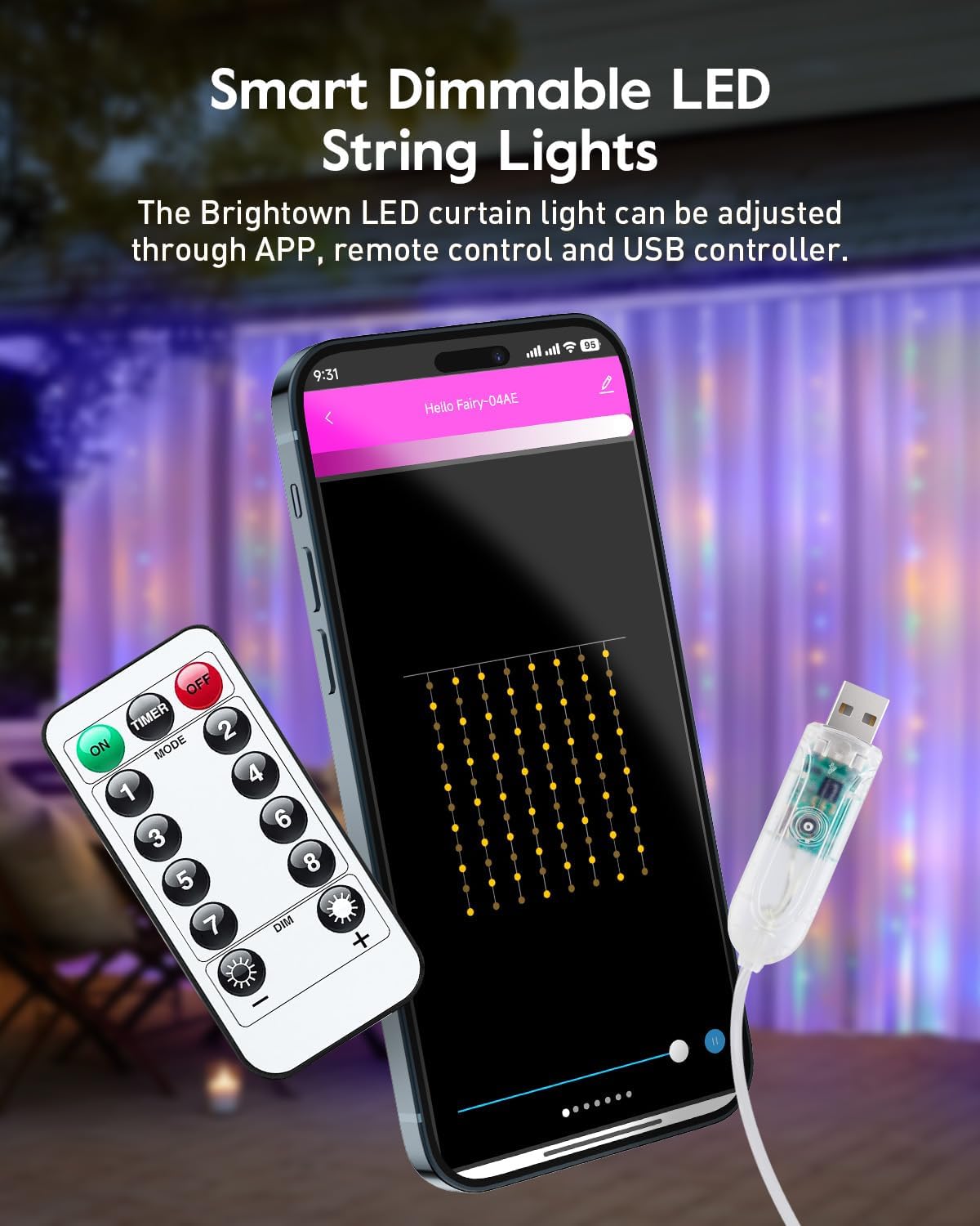 Brightown Smart Curtain String Lights - 9.8ft 300 LED Fairy Lights with APP Remote, 8 Modes, USB Powered Waterproof Christmas Hanging Lights for Bedroom Wedding Party, Multicolor