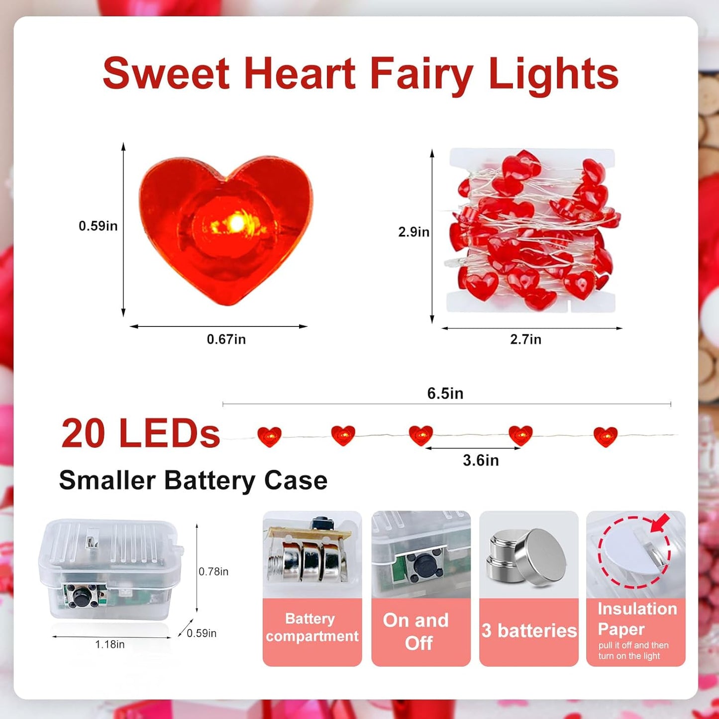 Fairy Lights 7Ft 20 LED Twinkle String Lights Battery Operated Waterproof Firefly Starry for Mason Jar Party Wedding Christmas Valentines Day (Red, 2)