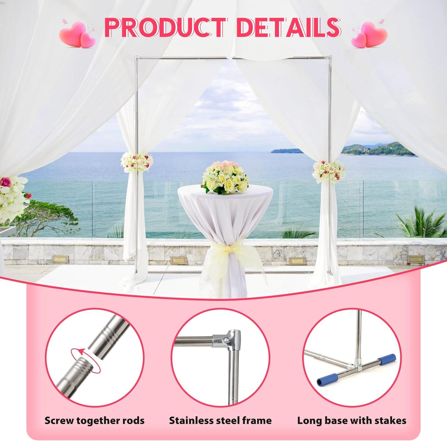 Wedding Arch,7 x 6 FT Metal Arch Backdrop Stand with Support Feet Base,Square Arched Frame for Birthday Party Ceremony Event Balloon Arches Decoration