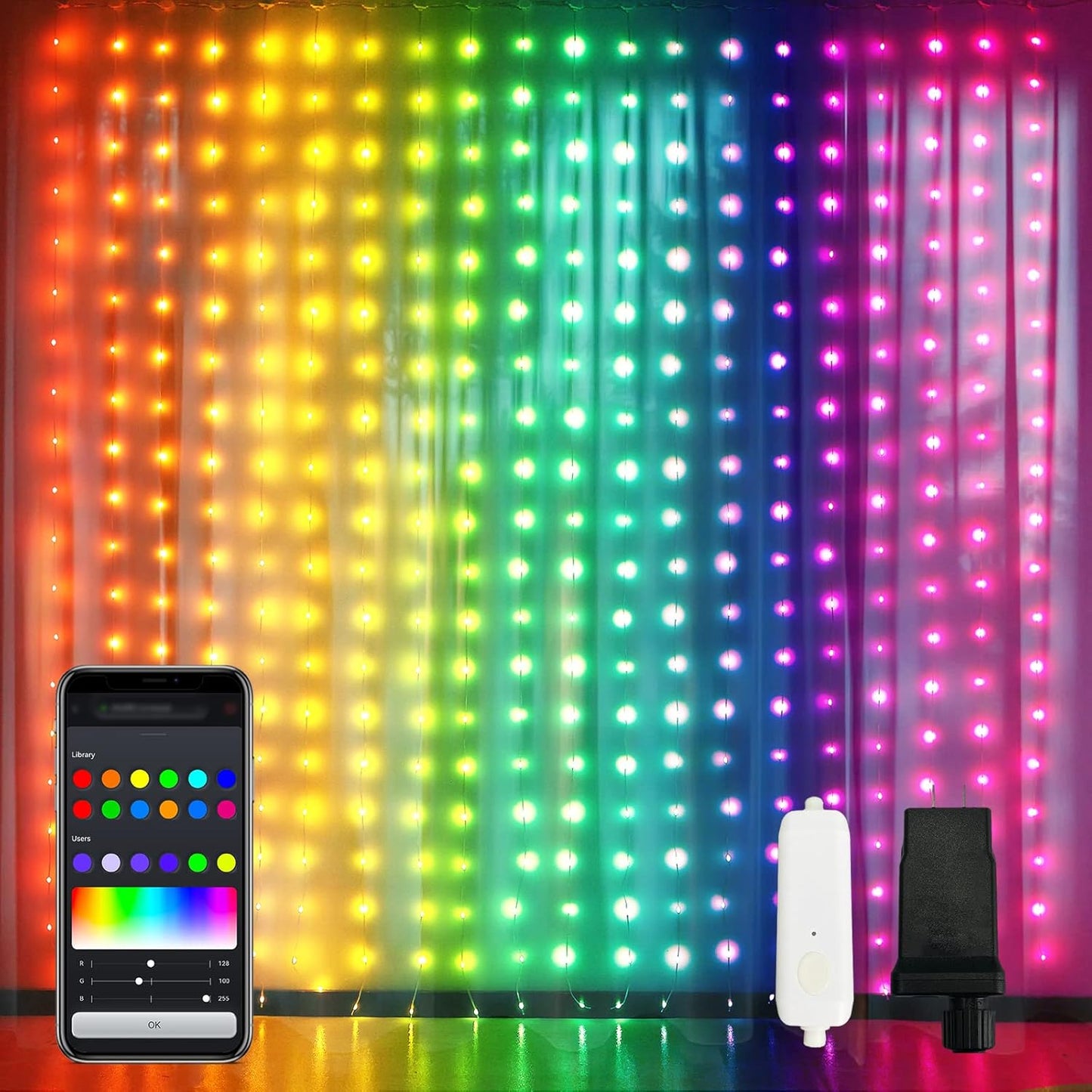 JMEXSUSS App-Controlled Color Changing Curtain Lights, 400 LED RGB String Lights for Halloween, Bedroom, Window, Wall, Party, Backdrop, Christmas, Indoor, and Outdoor Decorations, 6.5x6.5ft