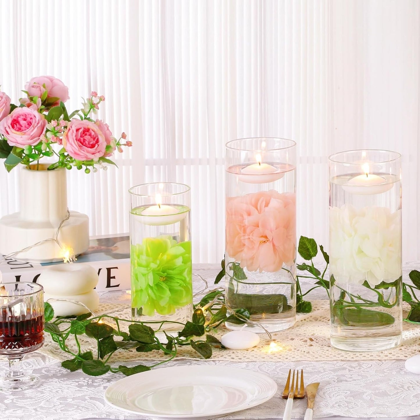 24 Pcs Floating Candles for Centerpieces and Floating Flowers Vase Fillers for Centerpieces White Artificial Flowers for Wedding Table Party Home Decoration