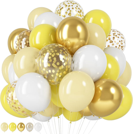 60PCS Yellow Balloons, 12Inch Pastel Macaron Yellow White Gold Confetti Helium Latex Party Balloons for Baby Shower Sunflower Honeybee Birthday Theme Party Decorations