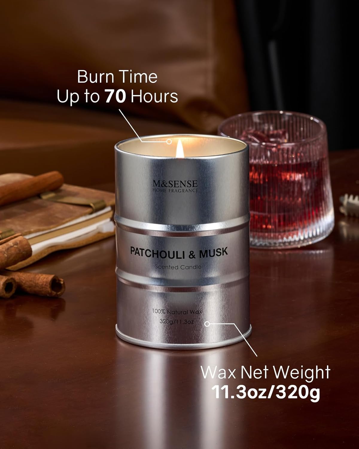 M&SENSE Scented Candle, Patchouli Musk Candle Gifts for Men, 70 Hours Slow Burning Natural Soy Candles11.3 oz, Stress Relief Luxury Aromatherapy Candles Home Decor, Valentines Day Gifts for Him