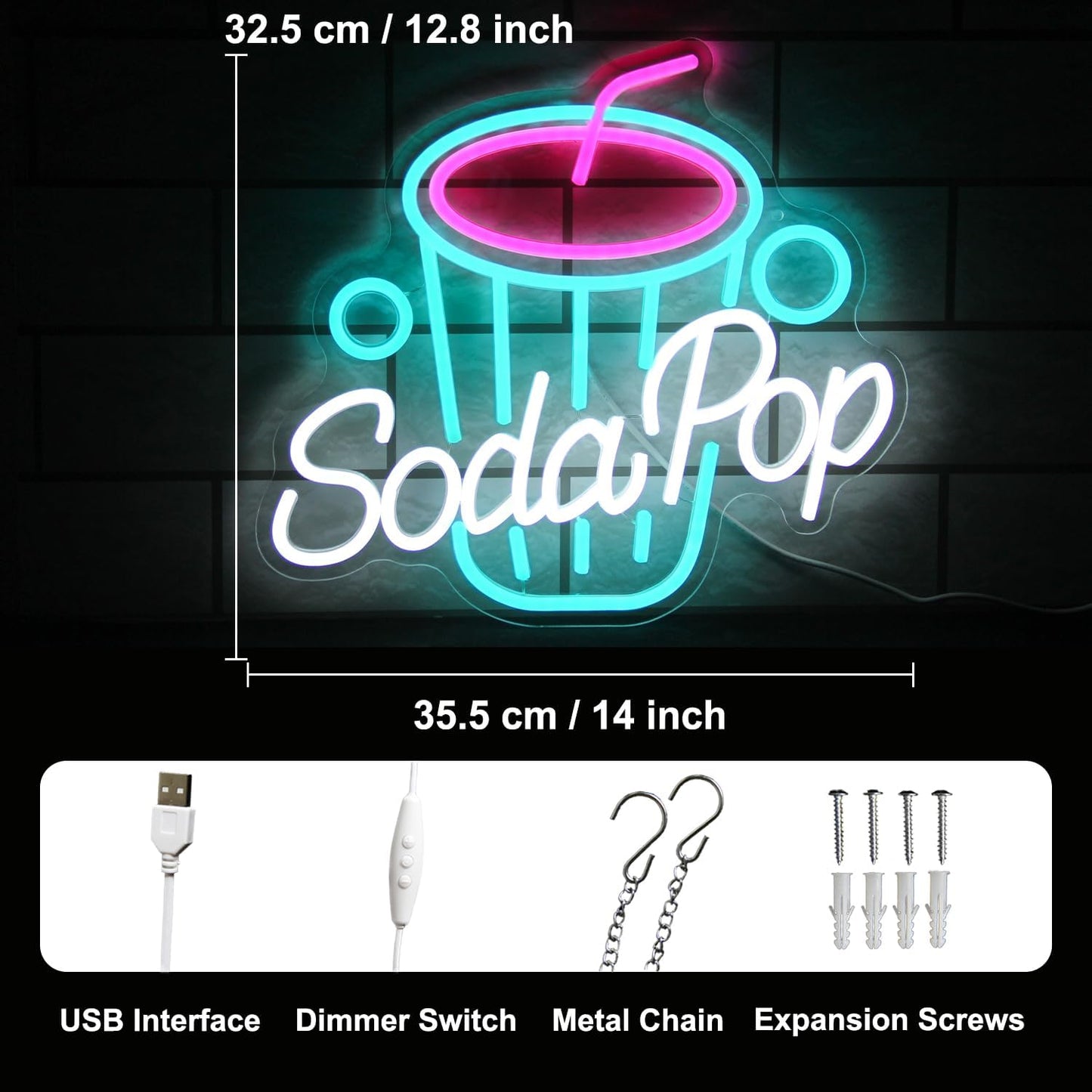 Soda Pop Neon Sign Drink Neon Lights Dimmable Beverage Cup LED Signs for Wall Business Sign Cocktail Neon Light Up Sign for Food Drink Restaurant Dessert Shop Bar Kitchen Decor
