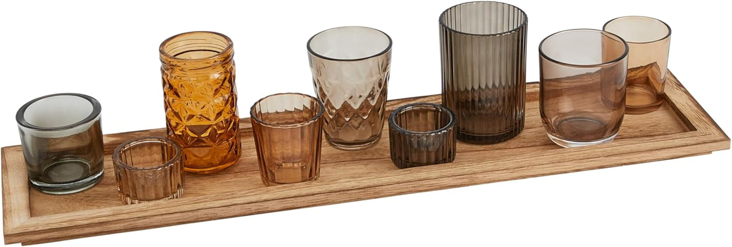 Wood Tray with 9 Brown Glass Votive Holders (Set of 10 Pieces)