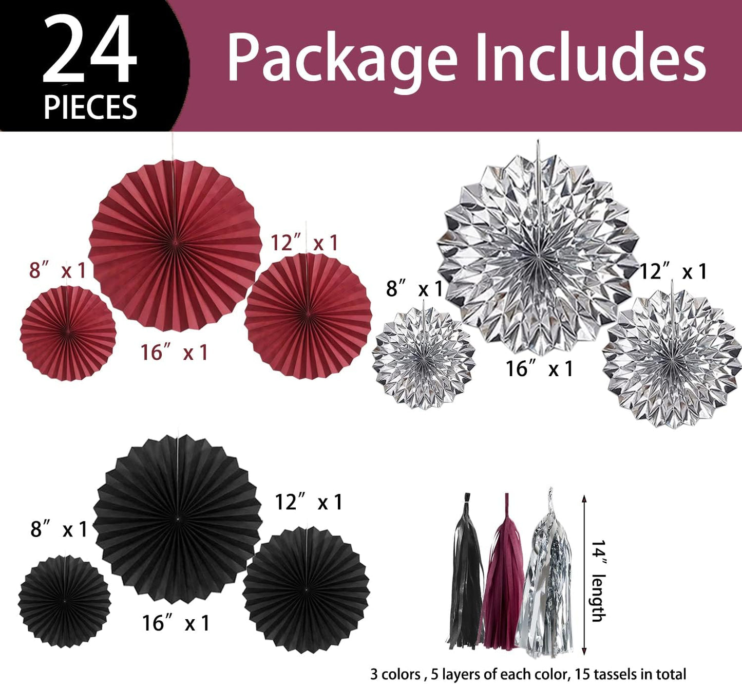 24PCS Maroon Decorations Burgundy Black Silver Party Decor Tassel Garland Banner Paper Flower Fans Streamers Wall Hanging Backdrop Graduation Wedding Birthday Bridal Shower