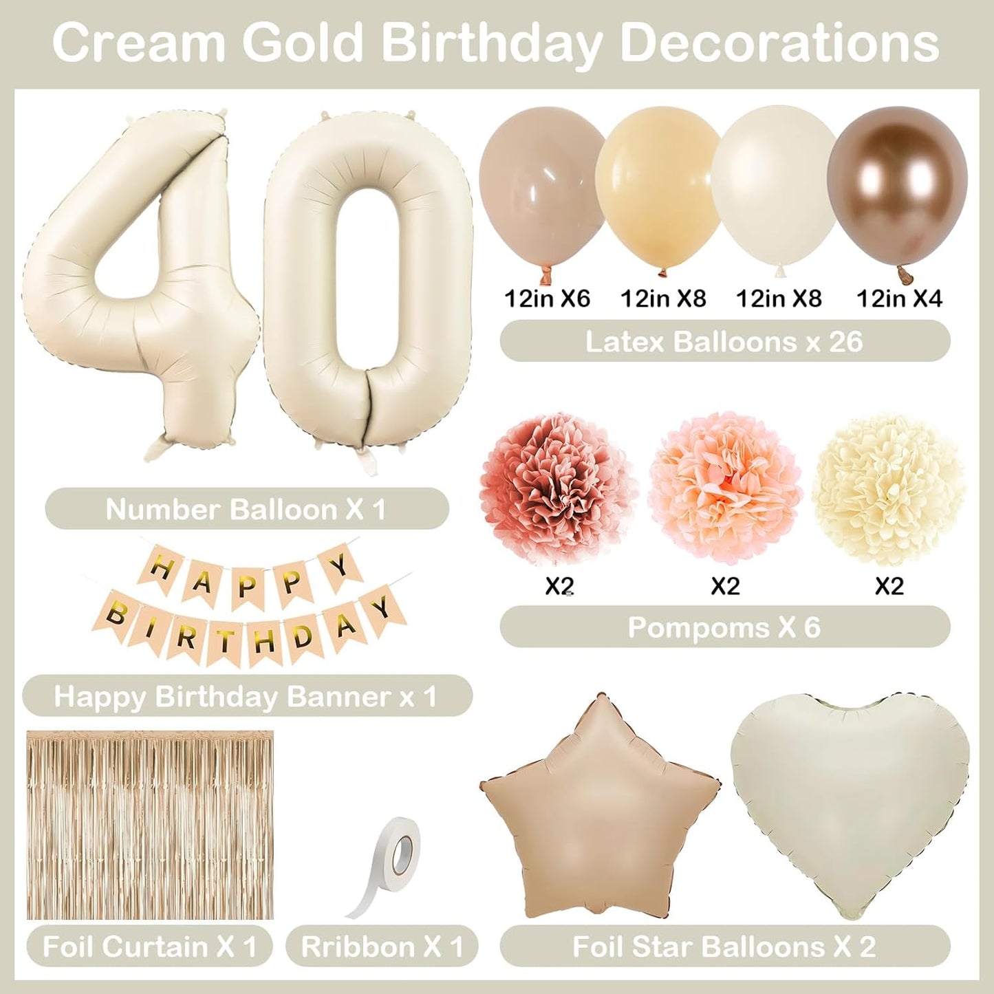 Beige 40th Birthday Decorations for Women Cream Number 40 Balloon Nude Gold Happy Birthday Banner Fringe Curtain Paper Pom Poms Blush White Sand Champagne Star Foil Balloons Neutral Boho Party Decor