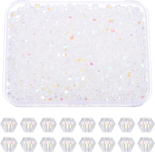 PATIKIL 1000pcs 4mm Bicone Glass Crystal Beads, Faceted Glass Spacer Beads with Box for Jewelry Making Bracelet Necklace Earrings DIY Suncatcher Craft, Colorful White AB