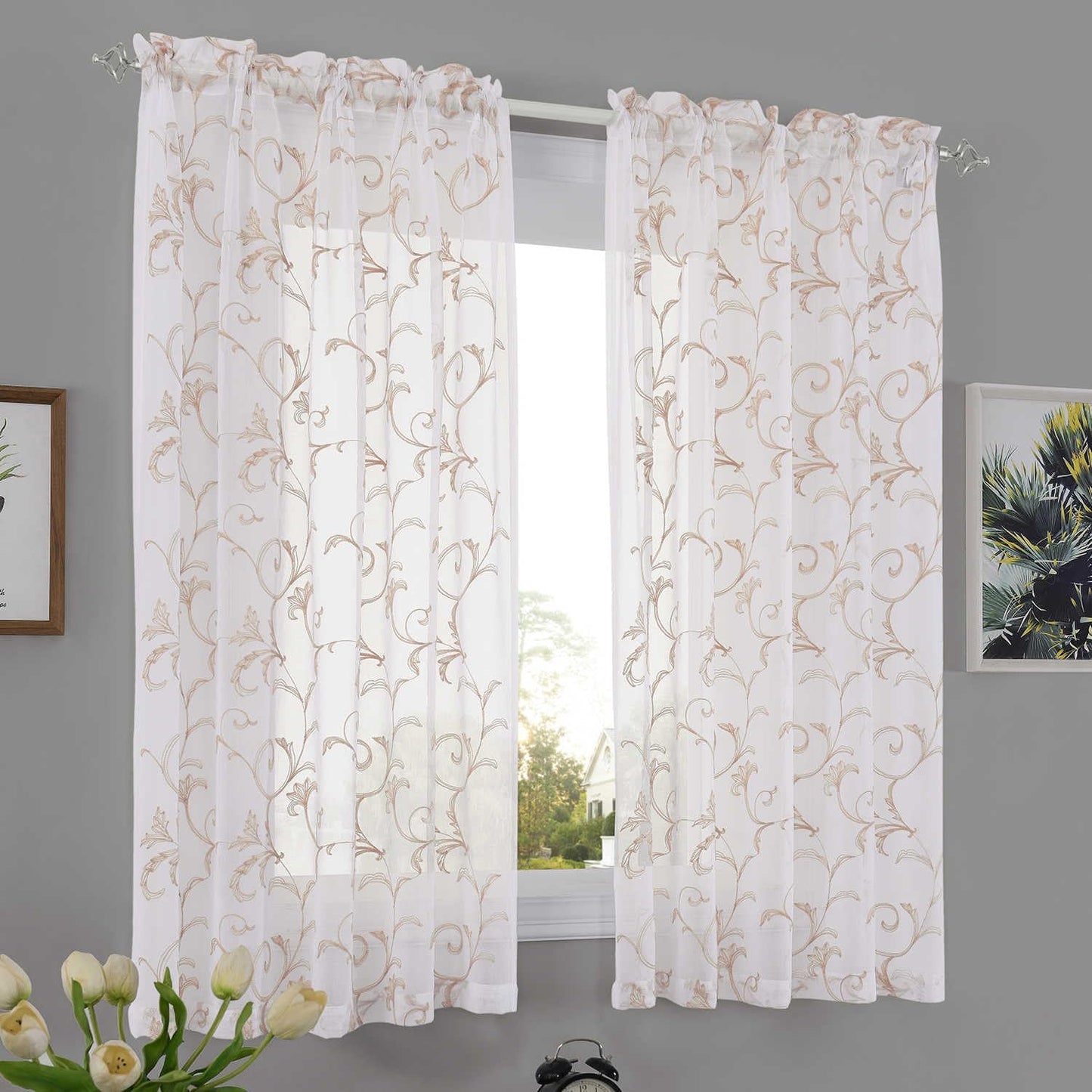 Sheer Curtains White-Beige 45 Inch Length Floral Embroidery Vintage Rod Pocket Voile Drapes for Living room, Bedroom, Window Treatments Semi Crinkle Curtain Panels for Farmhouse Set of 2, 52"x 45".
