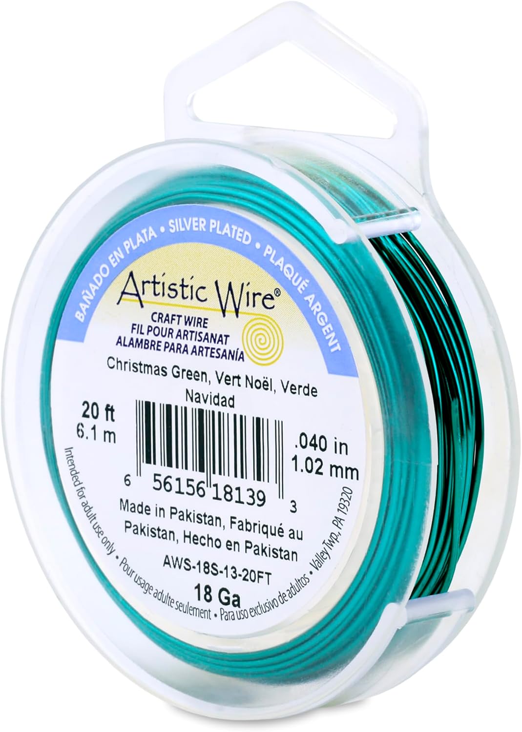 Artistic Wire, 18 Gauge Silver Plated Tarnish Resistant Colored Copper Craft Wire, Christmas Green, 20 ft