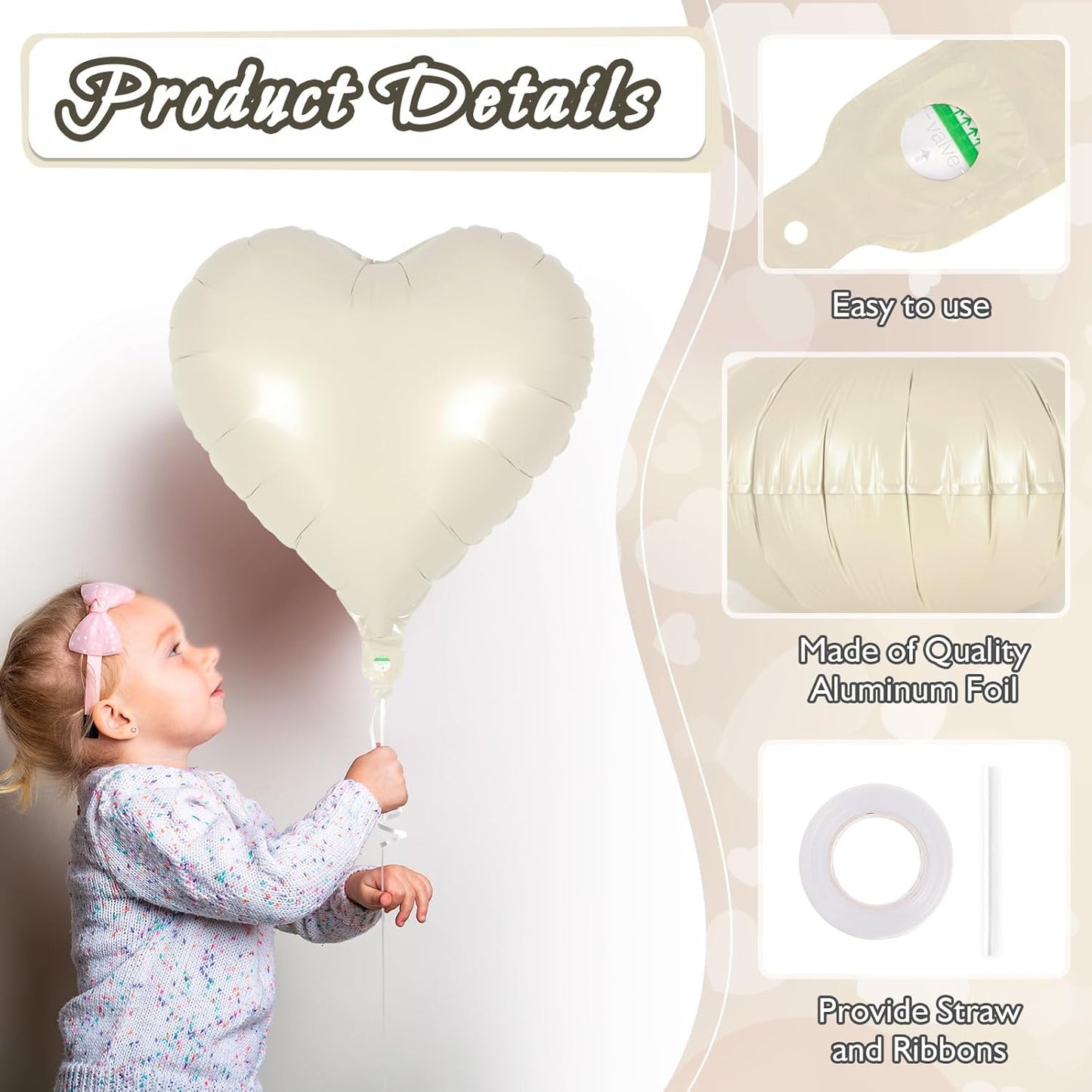 24 Pcs Cream Heart Balloons,18 inch Heart Shape Foil Balloons Love Balloons Valentine Balloons for Birthday Party Wedding Engagement Party Baby Shower Valentine Day Decorations (Cream)