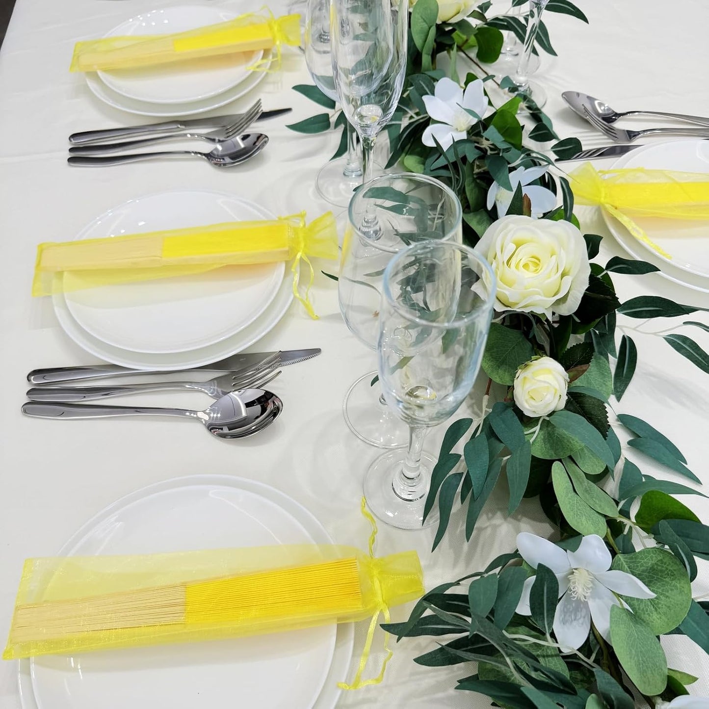24pcs Imitated Silk Hand Fan Imitated Silk Fabric Bamboo Handheld Folded Fan Bridal Dancing Props Church Wedding Party Favors with Organza Bags (Yellow)