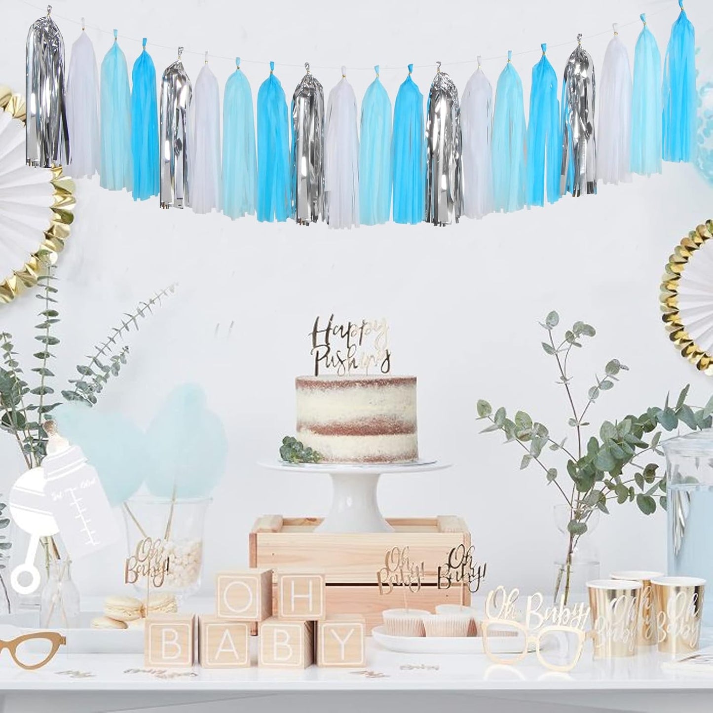 Royal-Light Blue Silver Party Decorations - 30pcs Tissue Pom Poms Streamers,Birthday Tassel Garland Banner,Graduation Wedding Engagement Baby Bridal Shower Decor Ouruola