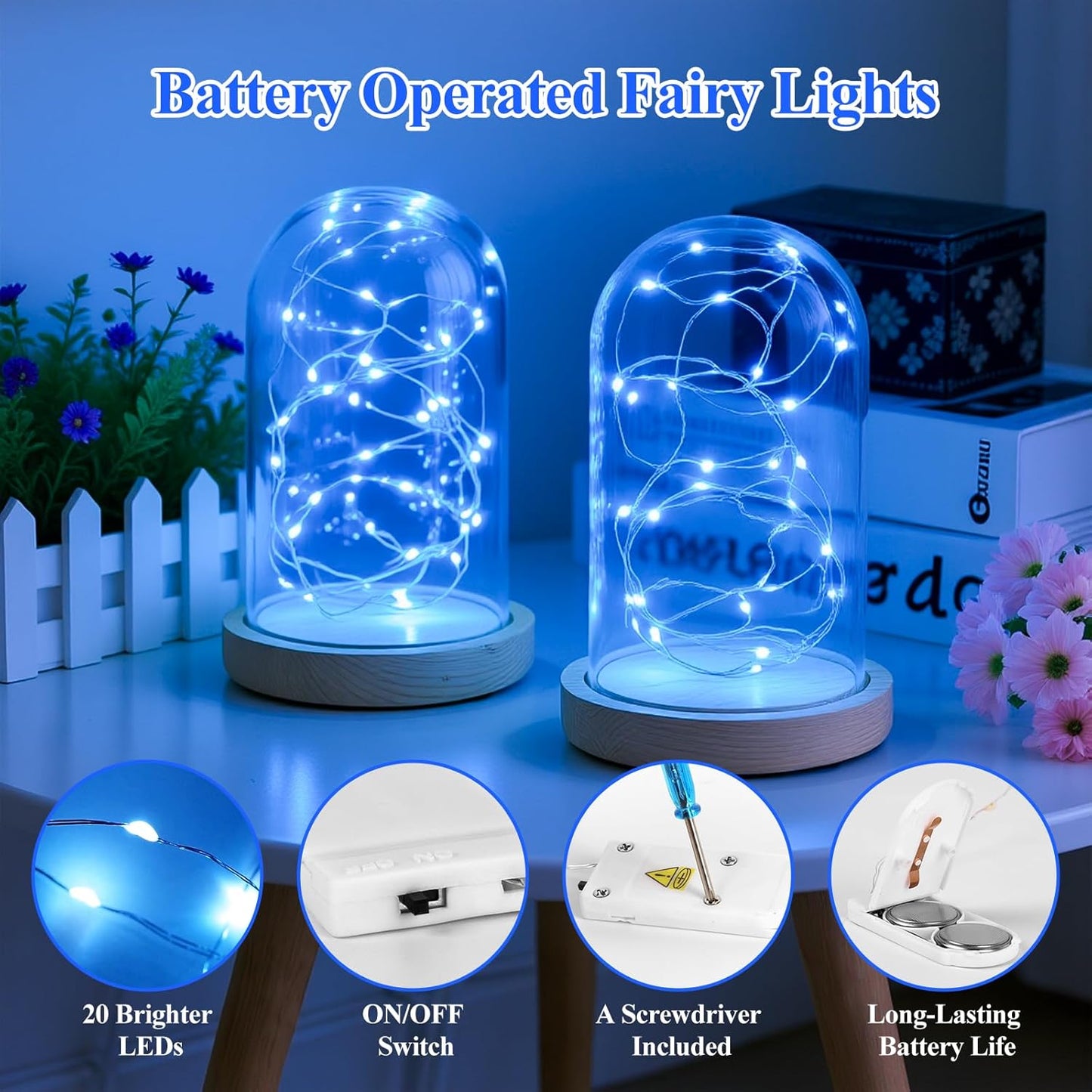 Lakumu 12 Pack Fairy Lights Battery Operated -7FT 20LED String Lights Silver Wire Firefly Starry Lights for DIY Christmas Decorations Mason Jar Wedding Party Centerpiece Table Decor, Blue