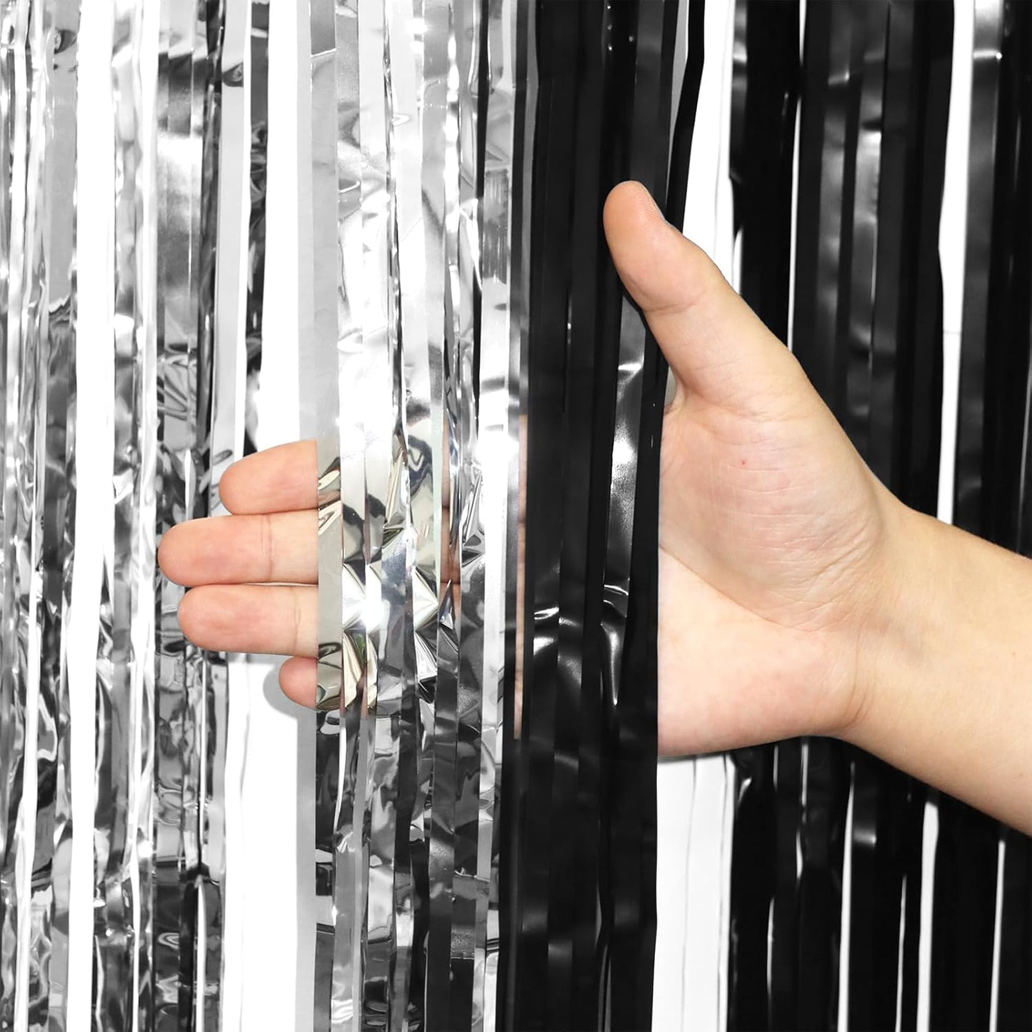 2 Pack Black and Silver Tinsel Foil Fringe Curtains, Black White Party Decorations, Metallic Tinsel Party Streamers Backdrop for New Years Birthday Christmas Graduation Decorations