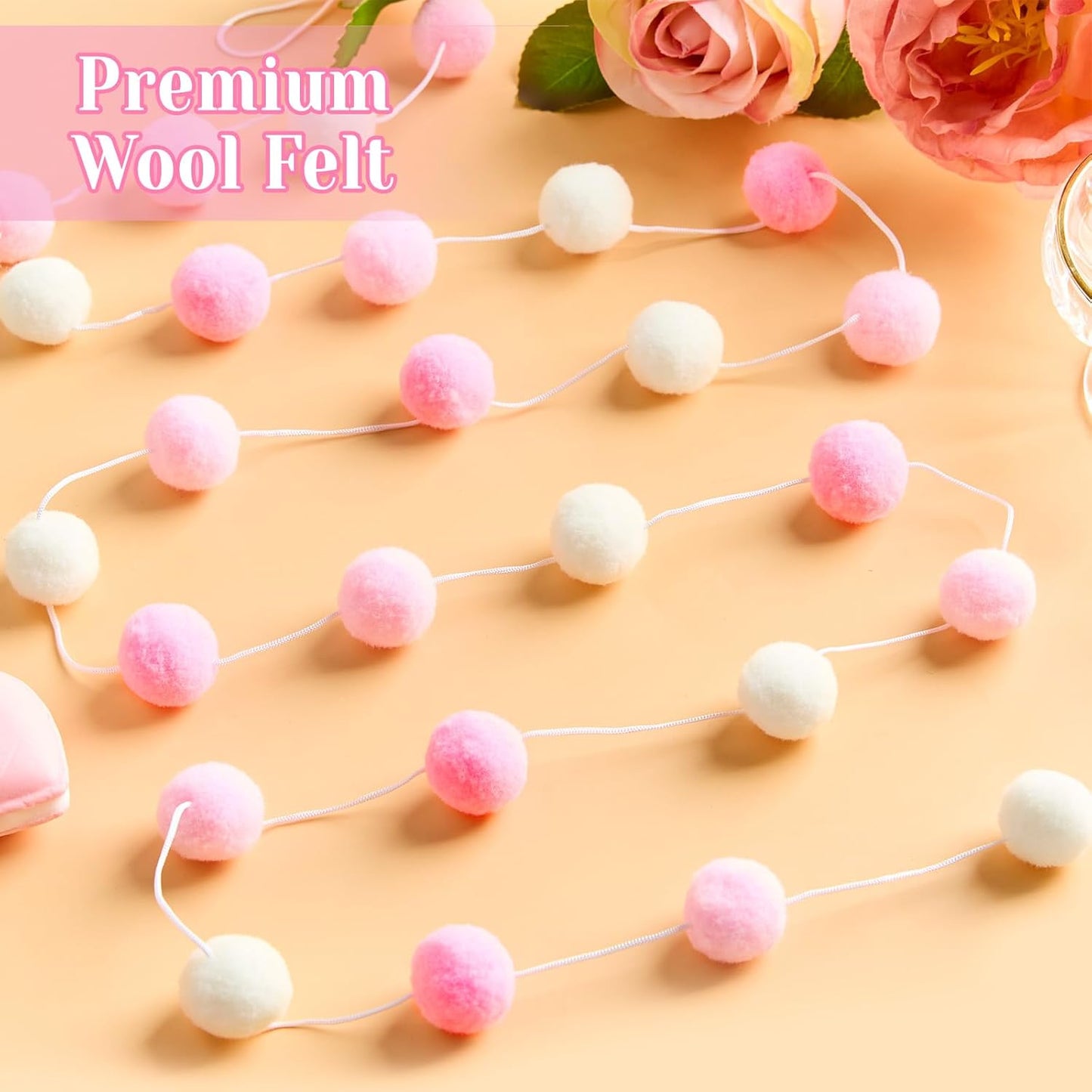 3 Pack Pom Pom Garland Colorful Felt Ball Garland Decorations, 6.5 Feet Long with 30 Balls Banner Hanging Supplies for Birthday, Baby Shower, Parties (Pink & White)