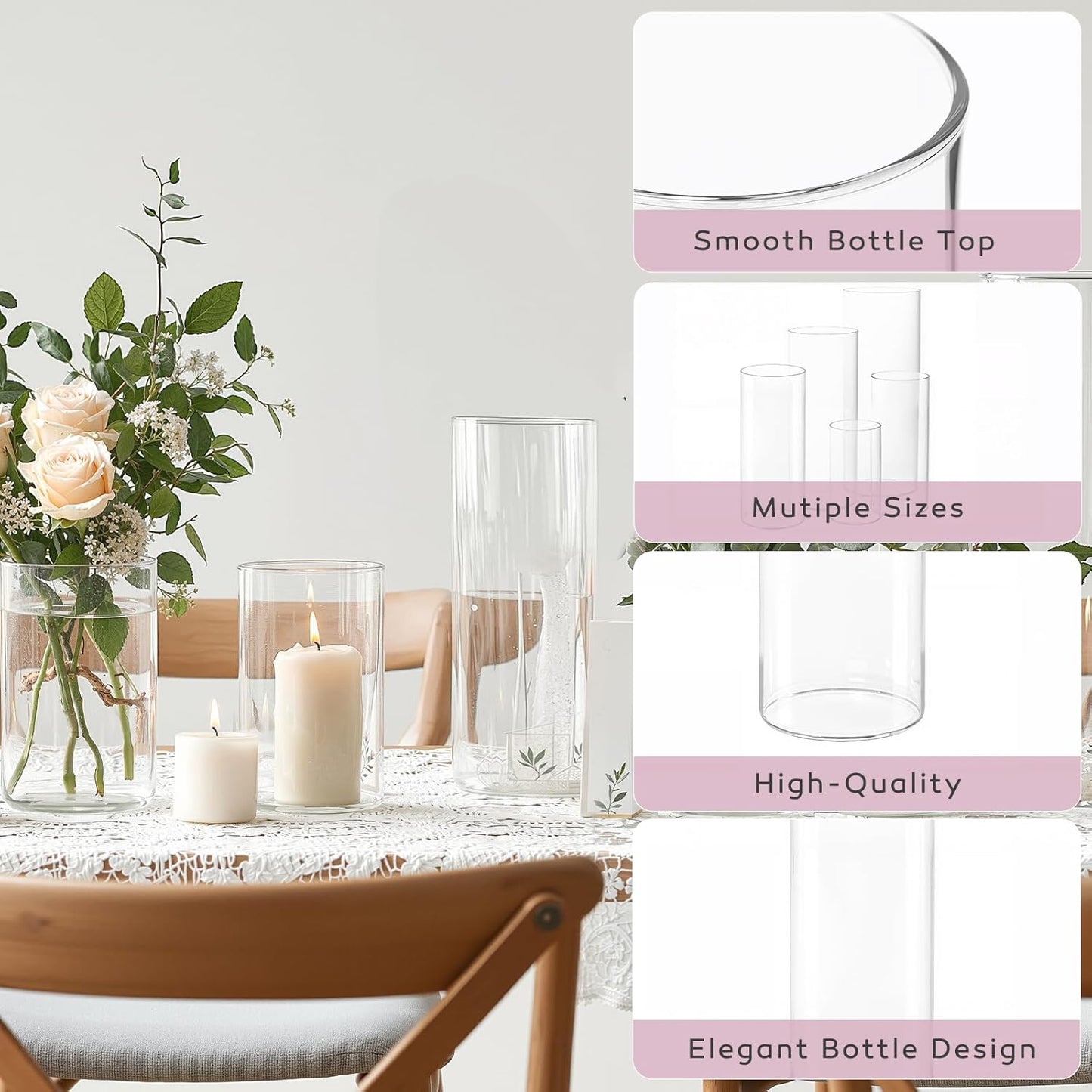 48 Pcs Glass Cylinder Vases Set (4/6/8/10 Inch) – Modern Flower Vases for Centerpieces, Bud Vase Arrangements & Floating Candles – Wedding/Christmas/Home Decor Essentials