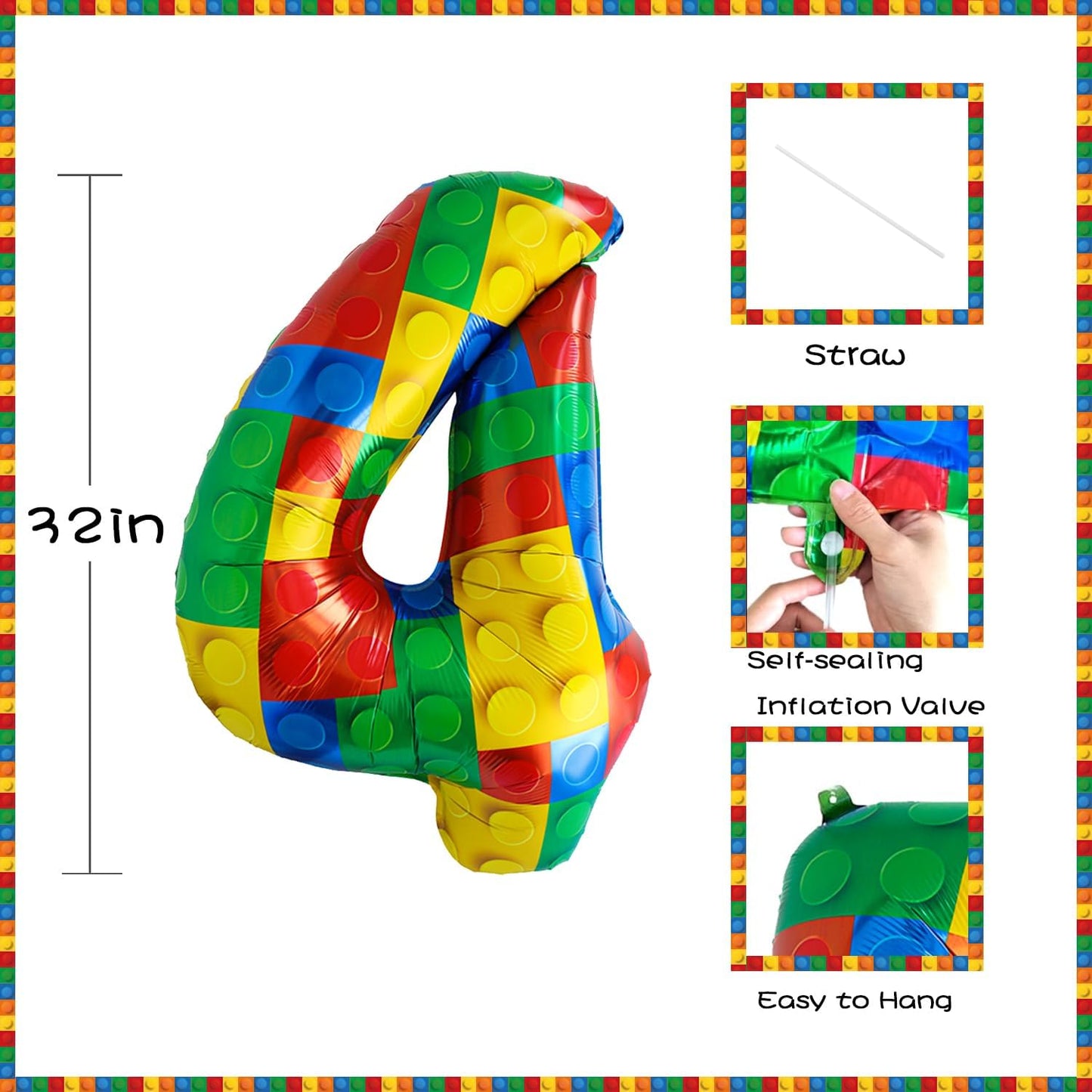 32 Inch Stackable Block Number Balloon – Colorful Brick Building Themed Big Helium Digits for Kids Birthday Party Decorations (Building Block, Number 4)