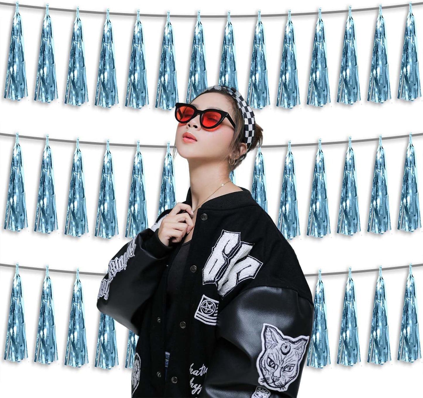 3P Metallic Fringe Tassel Banner Garland Foil Tinsel Streamer Wall Hanging Curtain Backdrop Banner for Parade Floats, Graduation Decorations, Wedding Party Decoration(Light Blue)