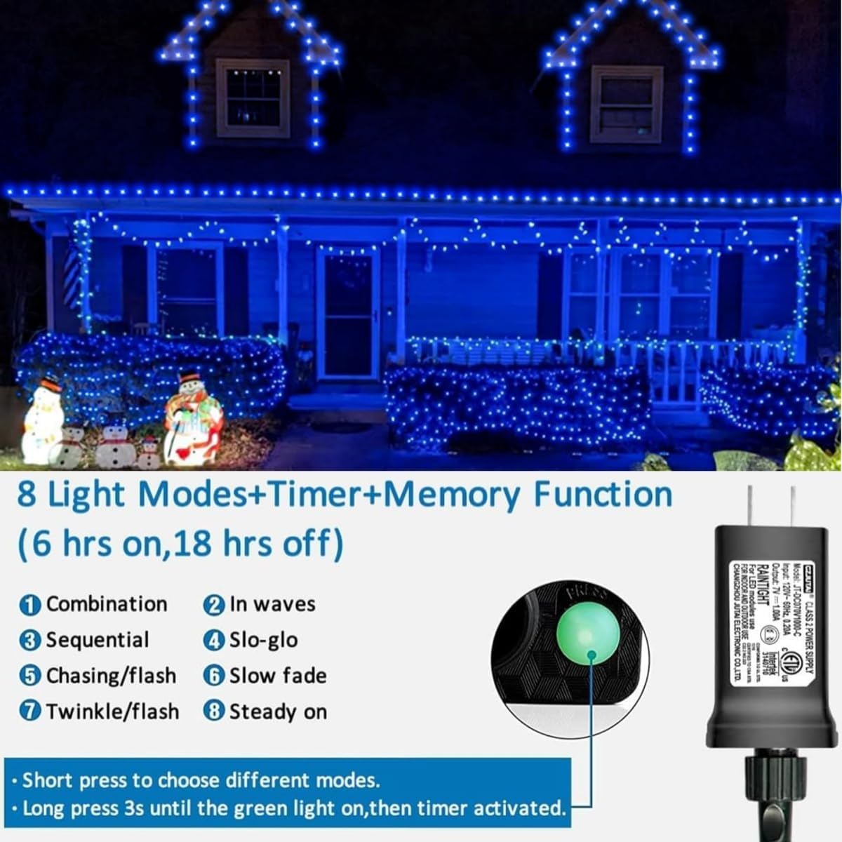YEGUO 165ft 500 LED Blue Christmas Lights Outdoor Waterproof, Green Wire String Lights Indoor, 8 Modes Twinkle Tree Lights Plug in with Memory Timer for Holiday Festival Xmas