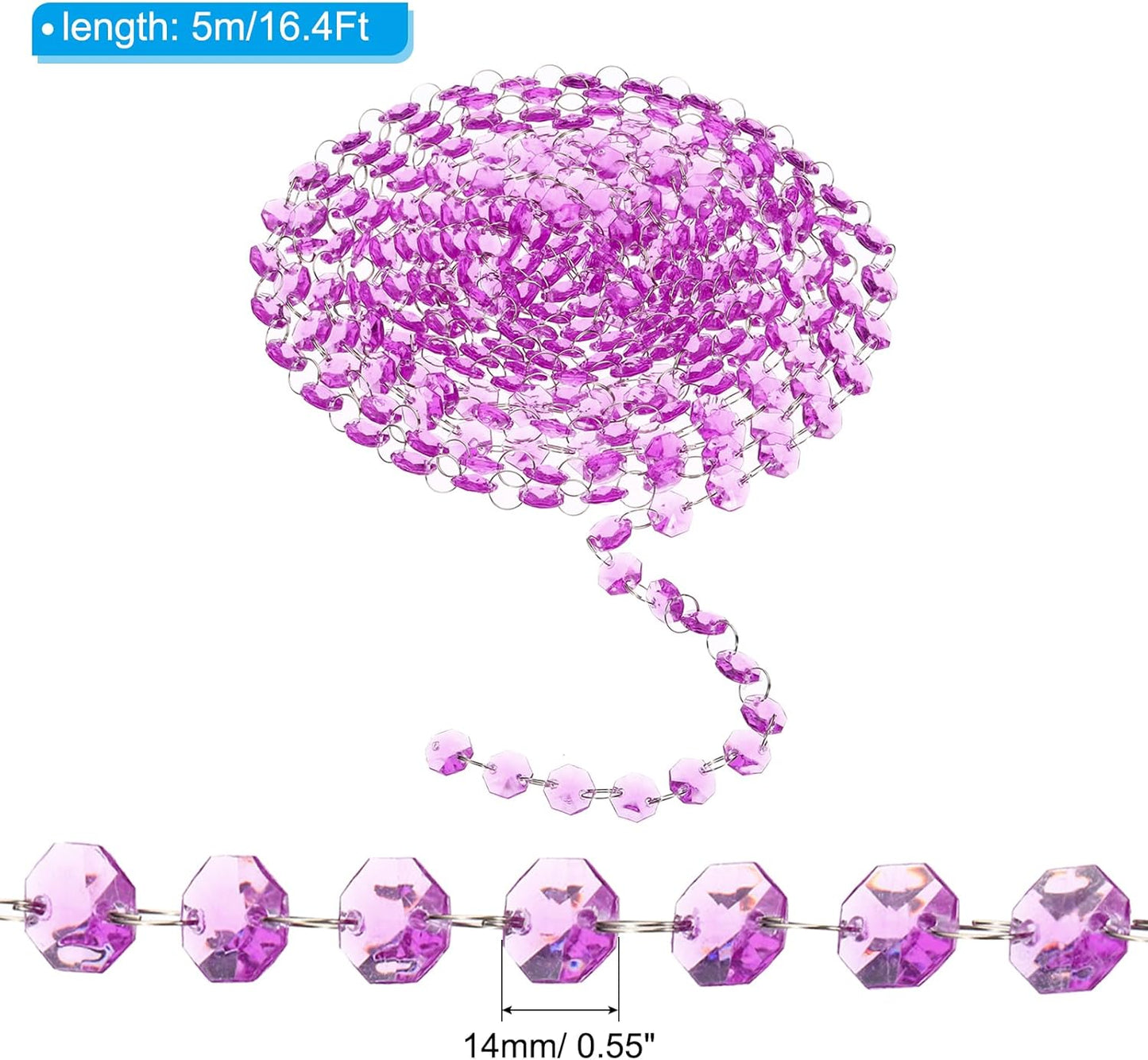 PATIKIL 14 mm Crystal Garland Strands, 16.4 Ft Acrylic Octagon Chandelier Bead Chains String for DIY Craft Wedding Party Home Decorative Jewelry Making, Purple