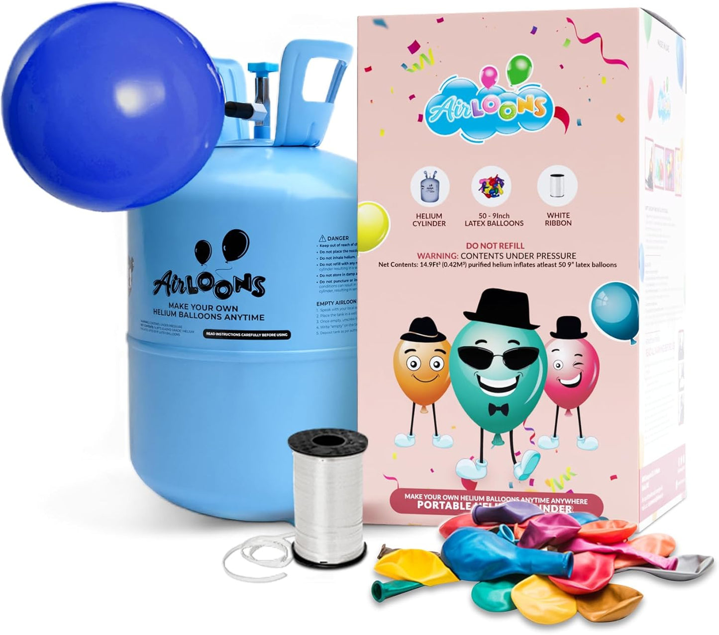 Airloons Helium Balloon Kit with 14.9 Cu Ft Tank – Includes 50 Multicolor 9 inch Latex Balloons, Ribbon & Easy to Fill Nozzle – Easy Setup for Birthdays, Weddings, Baby Showers