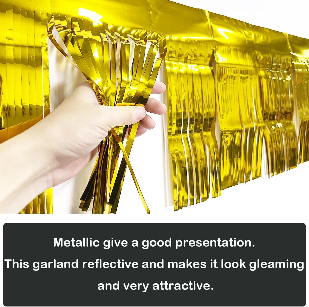 4 Pack Total 40 Feet Foil Fringe Garland Metallic Wall Hanging Drapes Tassel Skirting Tinsel Streamers Decorations for Parade Float Trailer Mardi Gras Party Birthday Wedding (Gold)