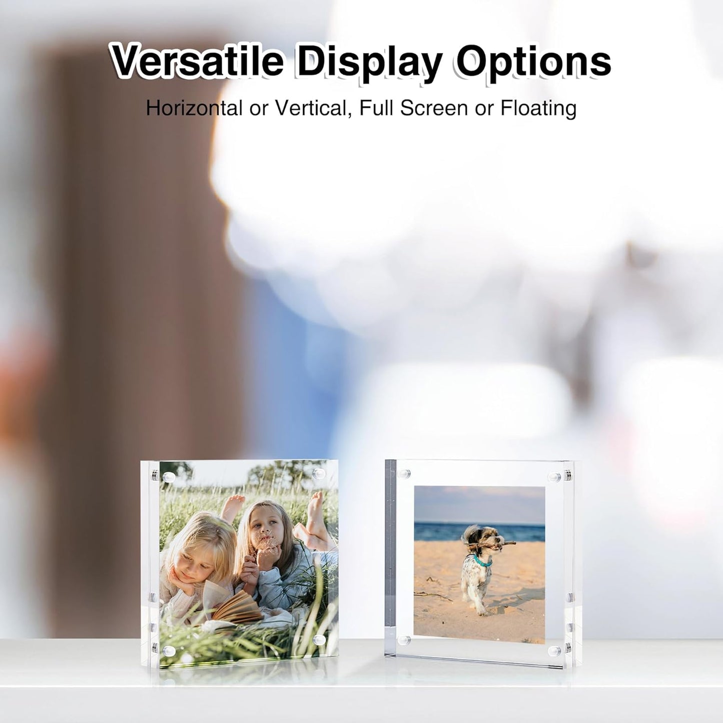 HOUSE DAY Acrylic Picture Frames 4x4, 1 Pack Magnetic 4 x 4 Picture Frame, Double Sided Clear 4x 4 Photo Frame with Microfiber Cloth, Frameless FreeStanding 4x4 Frame Gift for Desktop Display