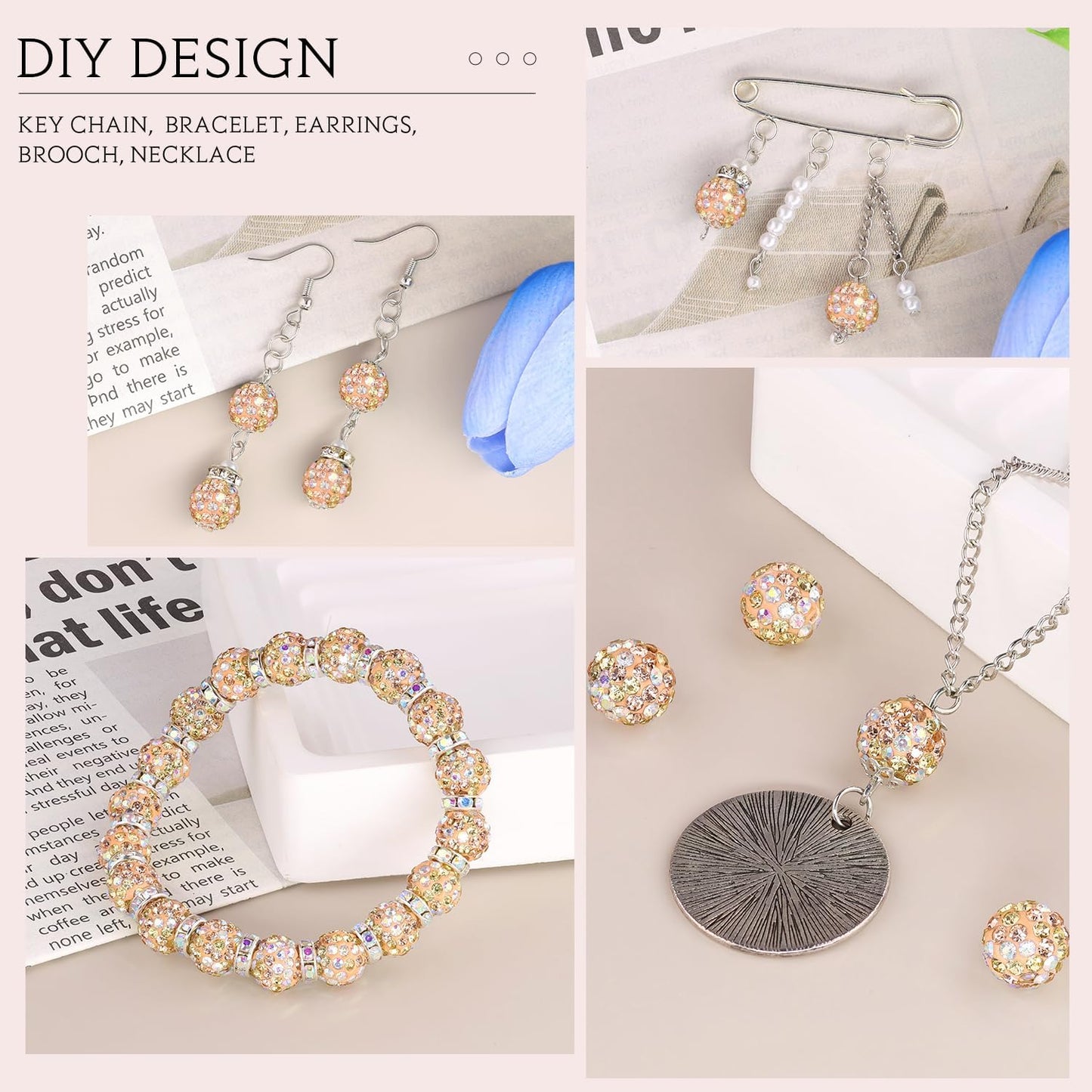 200pcs 10mm Light Peach AB Rhinestone Beads for Jewelry Making, Shiny Round Shamballa Disco Ball Beads, Sparkle Crystal Clay Christmas for Bracelet Baseball Necklace Earring Crafting and DIY