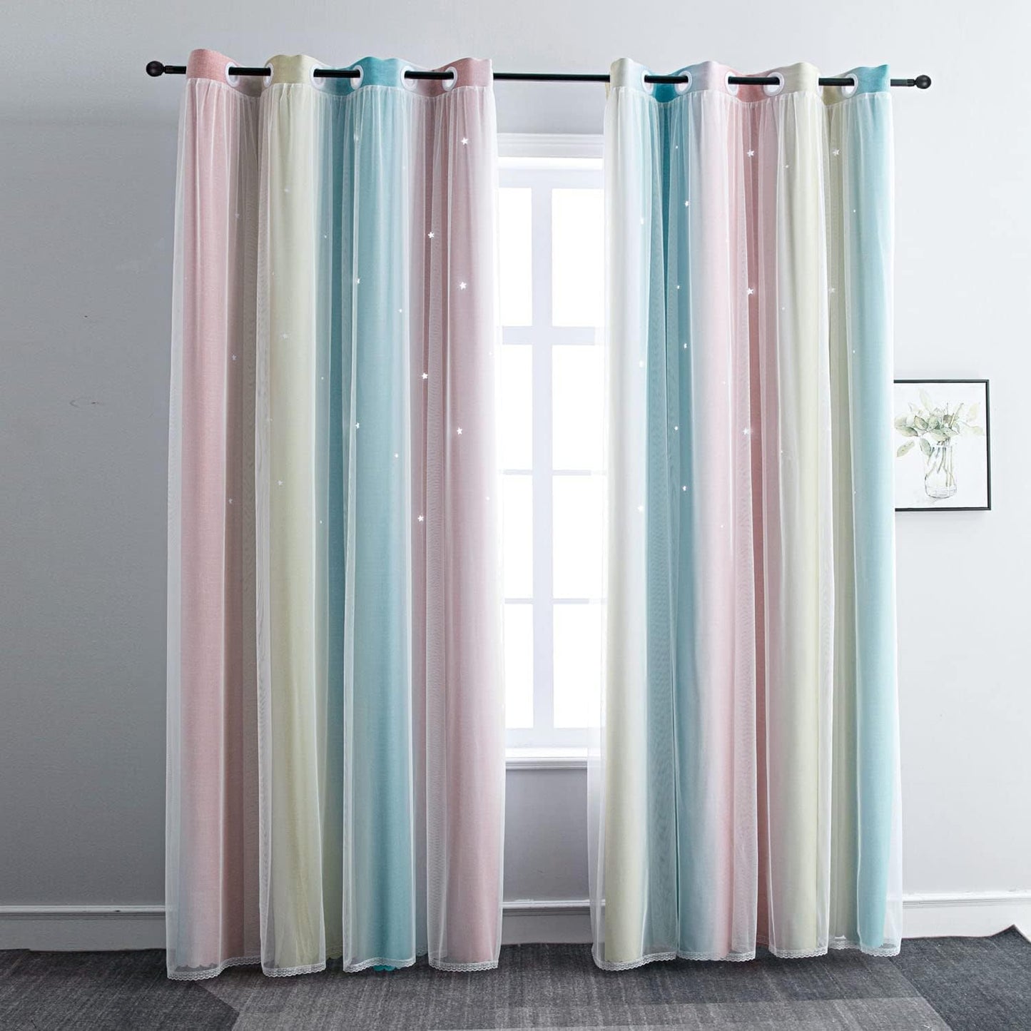 FANLI Ombre Rainbow Blackout Curtains for Kid Girls Bedroom Living Room Darking Stripe Double Layer Star Cut Out Wall Home Decor Gradient Grommet Window Curtains (Pink/Blue, 52W x 63L)