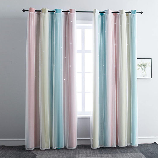 FANLI Ombre Rainbow Blackout Curtains for Kid Girls Bedroom Living Room Darking Stripe Double Layer Star Cut Out Wall Home Decor Gradient Grommet Window Curtains (Pink/Blue, 52W x 84L)