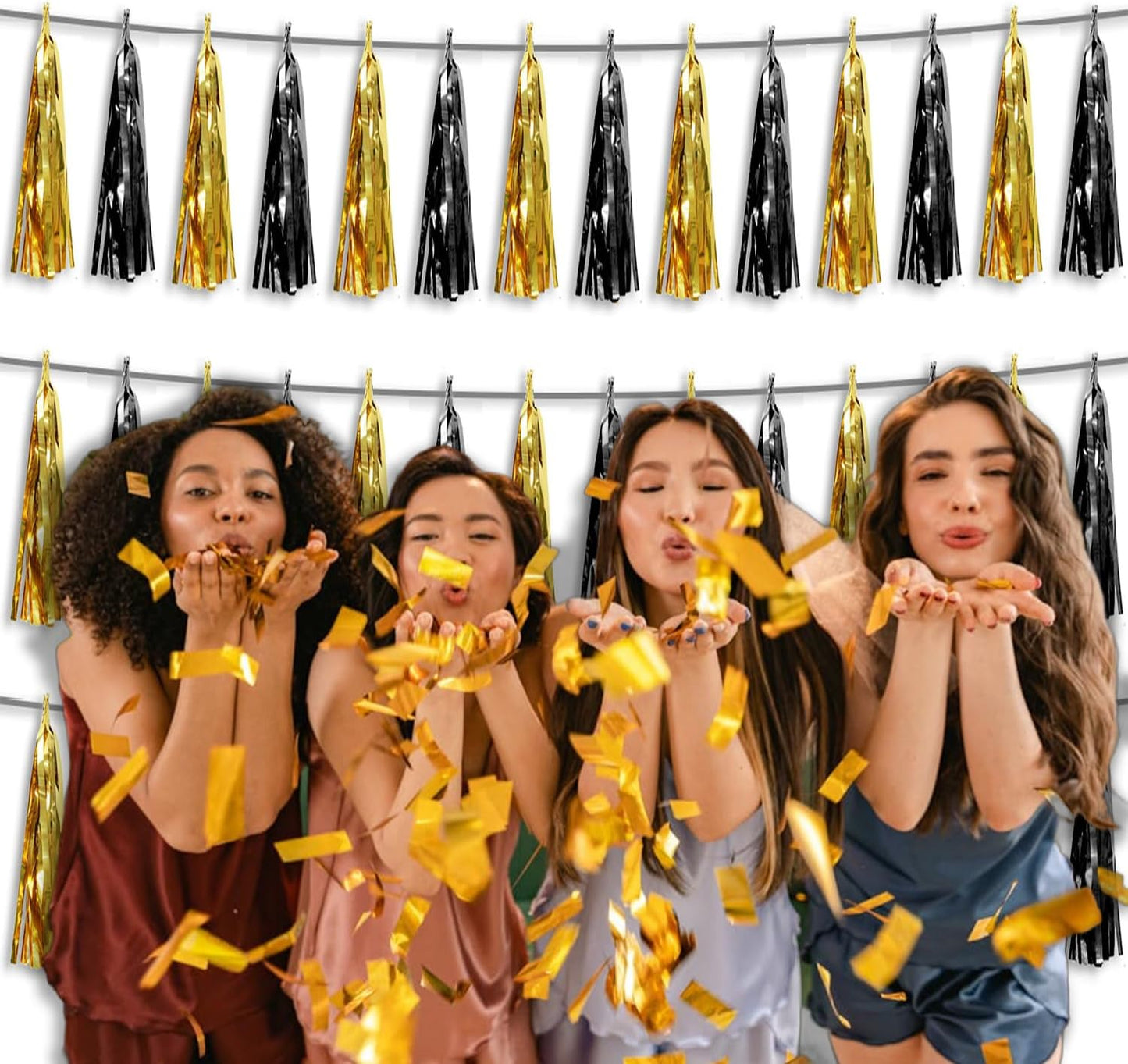 3P Metallic Fringe Tassel Banner Garland Foil Tinsel Streamer Wall Hanging Curtain Backdrop Banner for Parade Floats,Graduation Decorations, Father's Day,New Years Party Decoration(Black Gold)