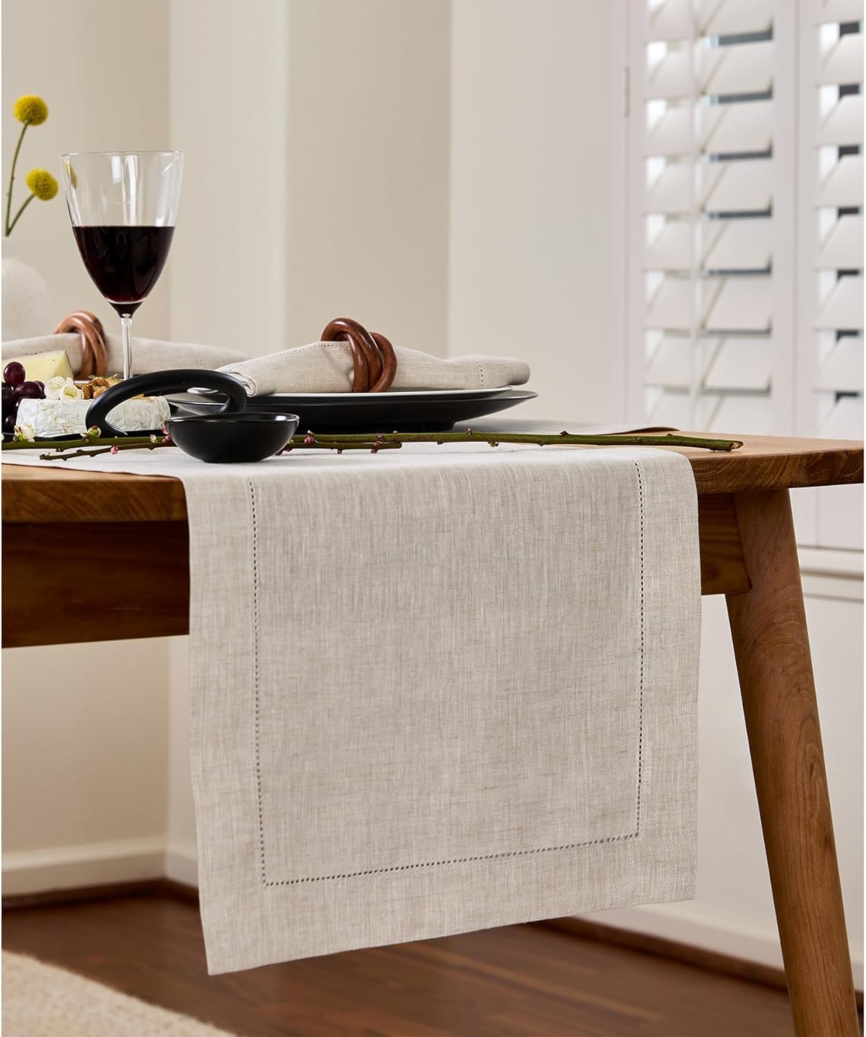 Solino Home Linen Hemstitch Table Runner 120 Inches Long - 100% Pure Linen Light Natural Table Runner 14 x 120 Inch for Fall, Autumn, Thanksgiving - Classic Hemstitch