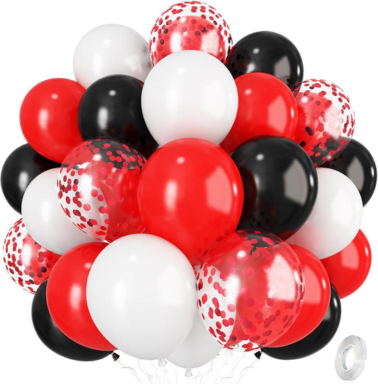 Red Black and White Balloons, 12 Inch Matte Red Black and White with Red Confetti Helium Latex Balloons Set for Boys Casino Racing Theme Birthday Wedding Baby Shower Graduation Party Decorations