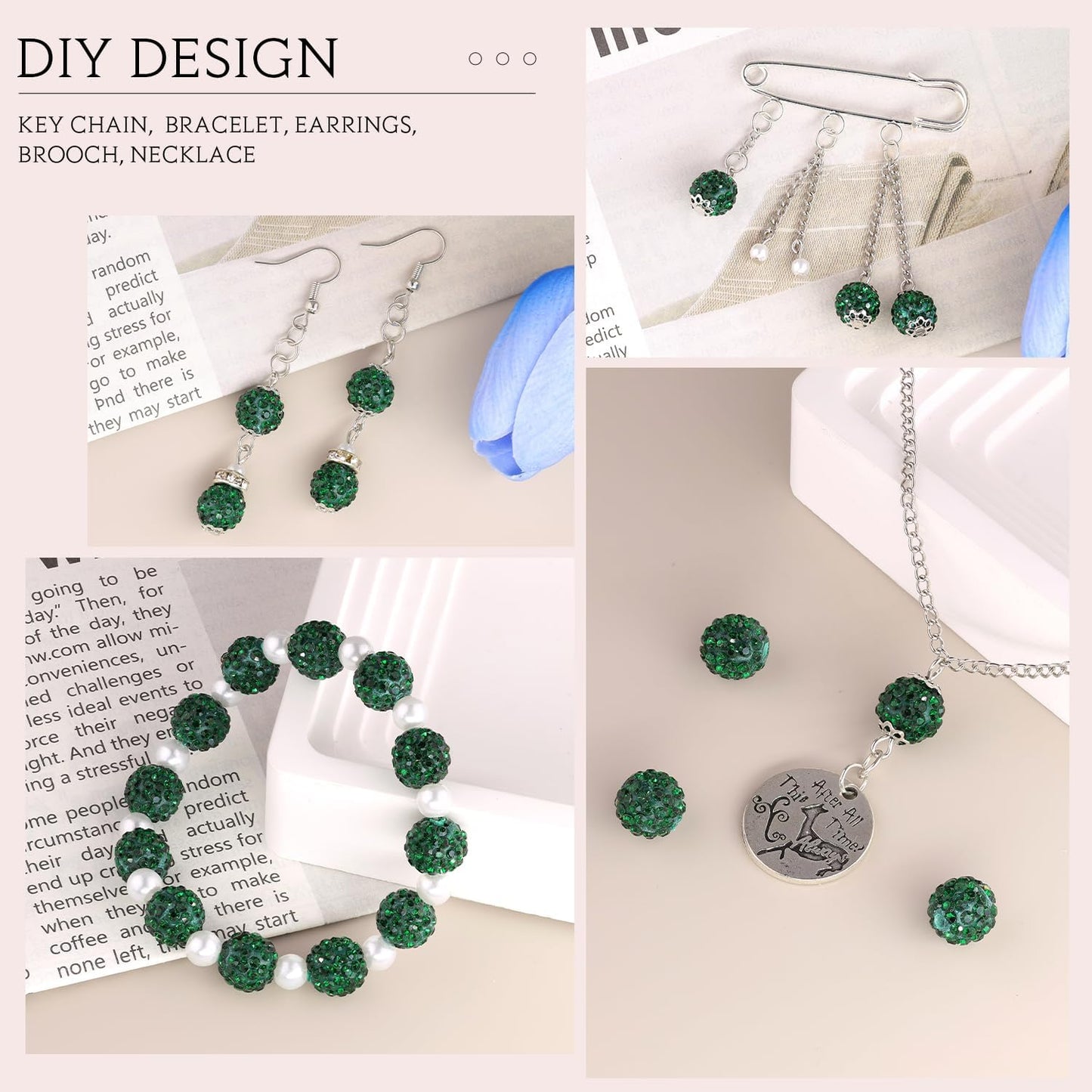 200pcs 10mm Emerald Rhinestone Beads for Jewelry Making, Shiny Round Shamballa Disco Ball Beads Bulk, Sparkle Crystal Clay Christmas for Bracelet Baseball Necklace Earring Crafting and DIY