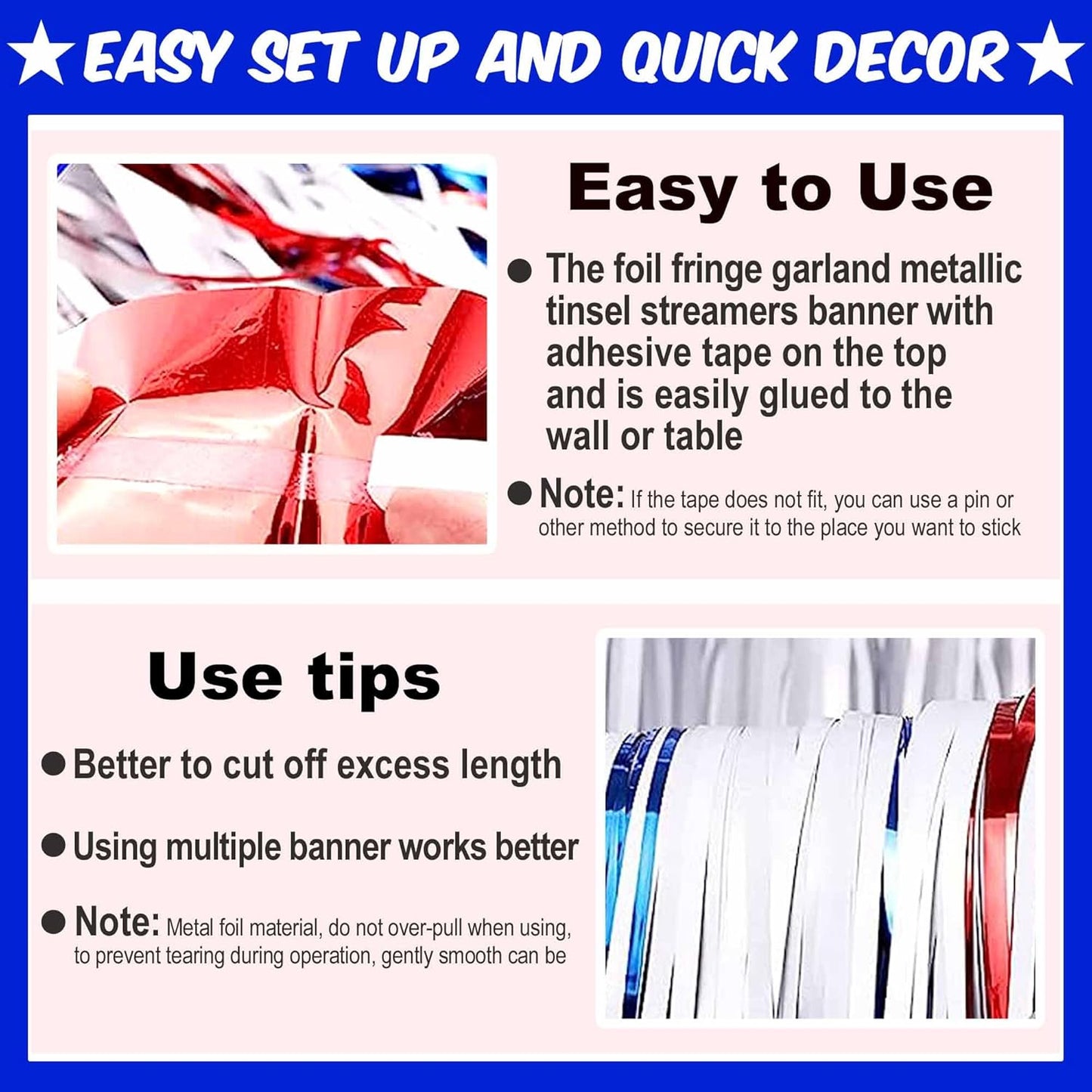 4 Pack 10 Ft White Blue Red Foil Fringe Garland Metallic Streamers Tinsel Banner Wall Hanging Garland Backdrop for Parade Floats, Halloween, Christmas, Thanksgiving, New Year Party Decorations