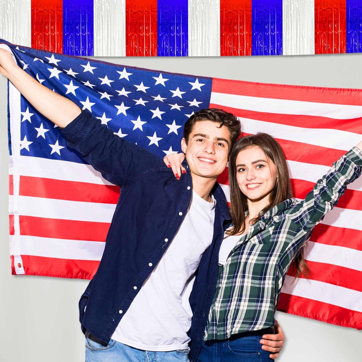 6 Pack 10 Ft White Blue Red Foil Fringe Garland Metallic Streamers Tinsel Banner Wall Hanging Garland Backdrop for Parade Floats, Halloween, Christmas, Thanksgiving, New Year Party Decorations