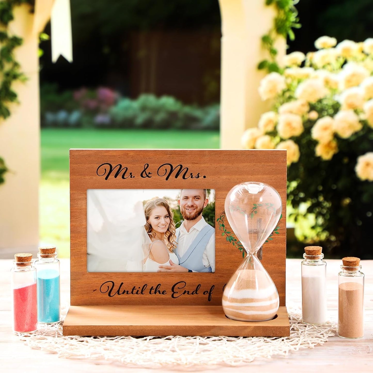 Blosssound Wedding Sand Ceremony Set Wooden Photo Frame, Hourglass Funnel, Sand, Glass Bottles, Mr and Mrs Until The End of Time Unity Kit for Weddings Ceremony Party Supplies(Nature)
