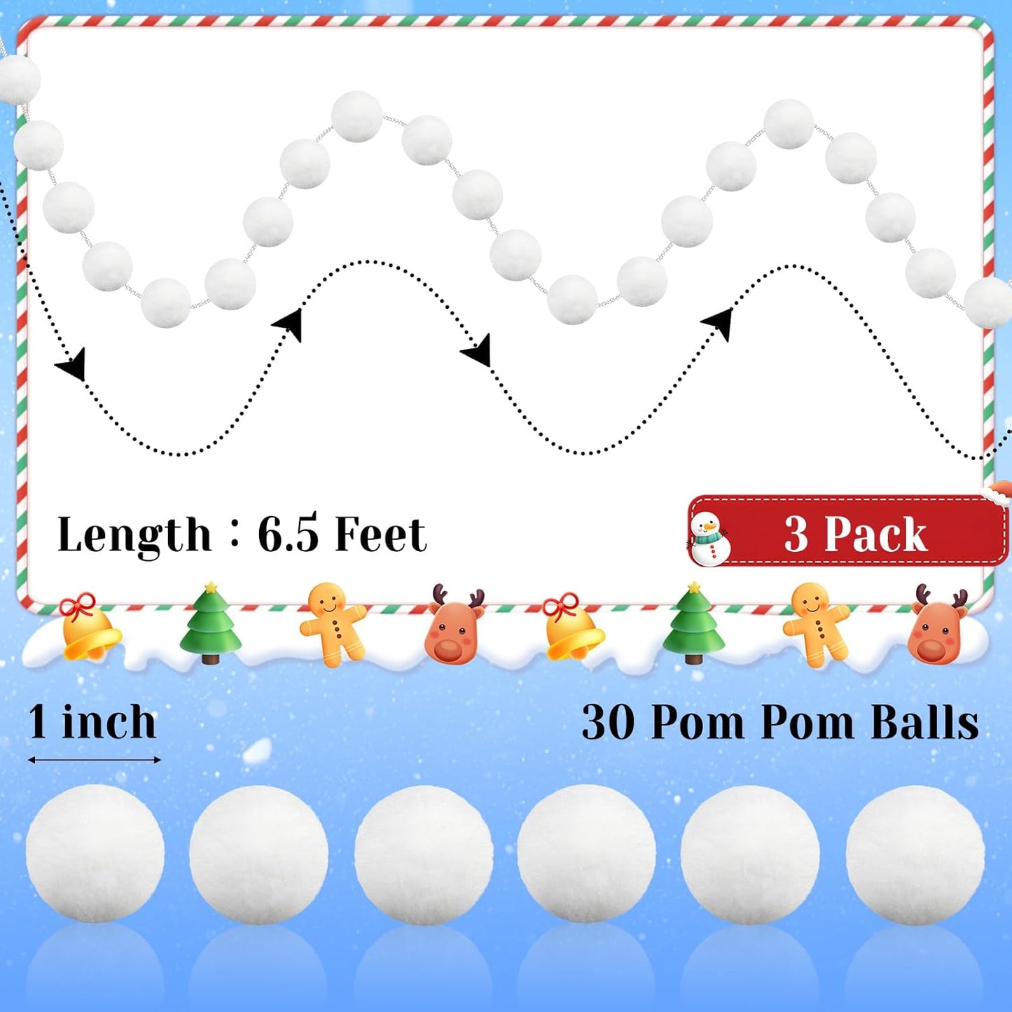 3 Pack Pom Pom Garland Colorful Felt Ball Garland Decorations, 6.5 Feet Long with 30 Balls Banner Hanging Supplies for Christmas, Birthday, Parties (White)