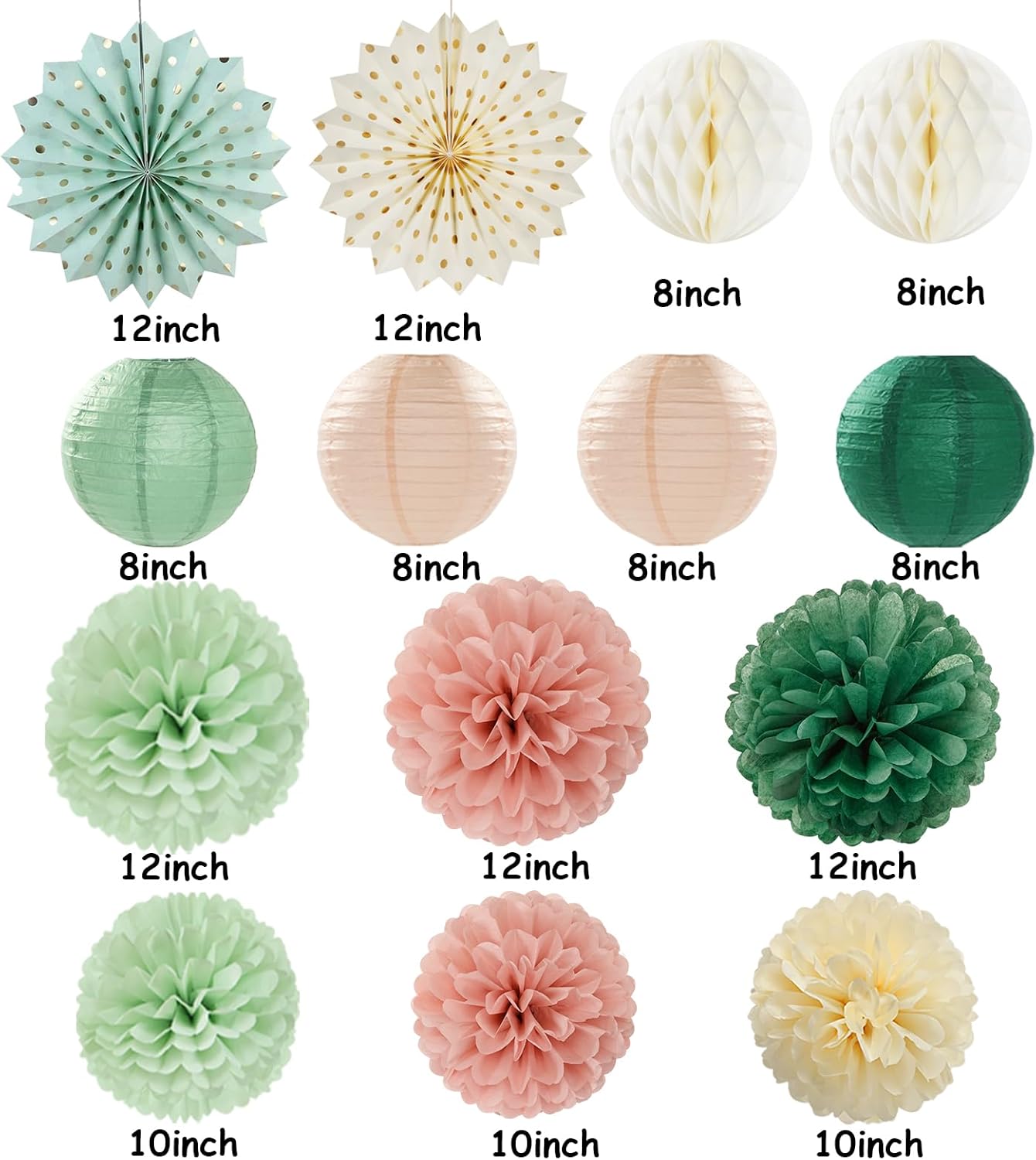 Sage-Green Pink-Beige Boho Party-Decorations Streamers - 14pcs Rustic Neutral Wedding Olive Paper Honeycomb Lanterns Fan,Birthday Baby Bridal Shower Engagement Decor Lasting Surprise