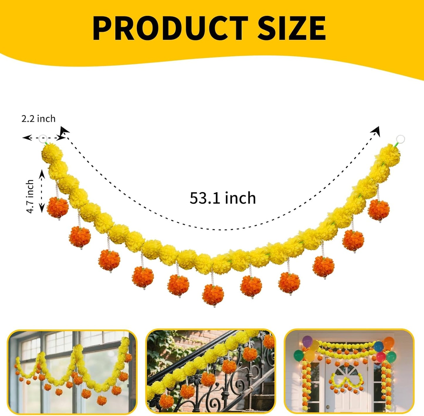 5 Pcs Marigold Garland Diwali Decor Artificial Flowers, 4.5 Feet Artificial Marigold Flowers for Indian Pooja Diwali Home Mantle Decor Wedding Decoration for All Year Decoration (Yellow＆Orange)