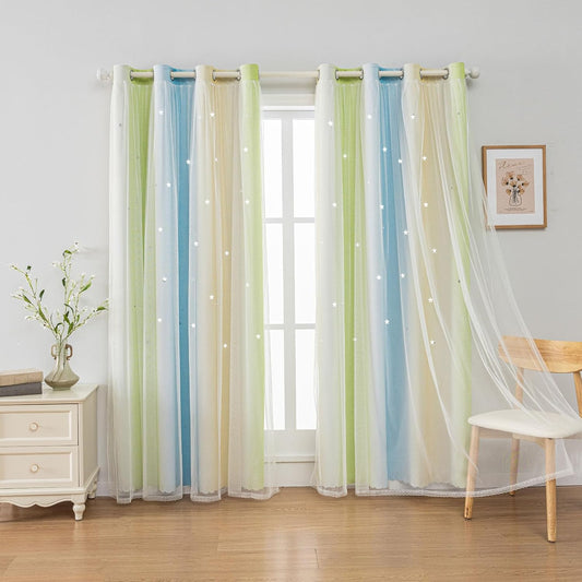 FANLI Ombre Rainbow Blackout Curtains for Kid Girls Bedroom Living Room Darking Stripe Double Layer Star Cut Out Wall Home Decor Gradient Grommet Window Curtains （Blue Green 52Wx95L）