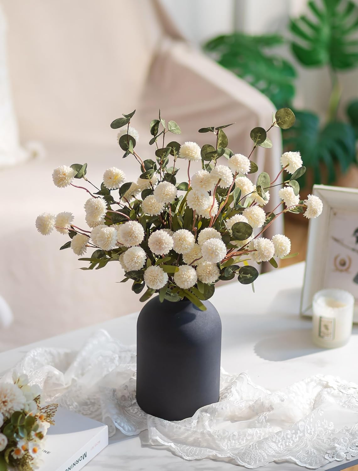 BLOSMON Fake Flowers in Vase for Centerpieces: Metal Vase with 12 Stems of Artificial Mums Kiku Flowers Eucalyptuses Home Table Decor - White Faux Pom Poms Floral Arrangements for Living Room