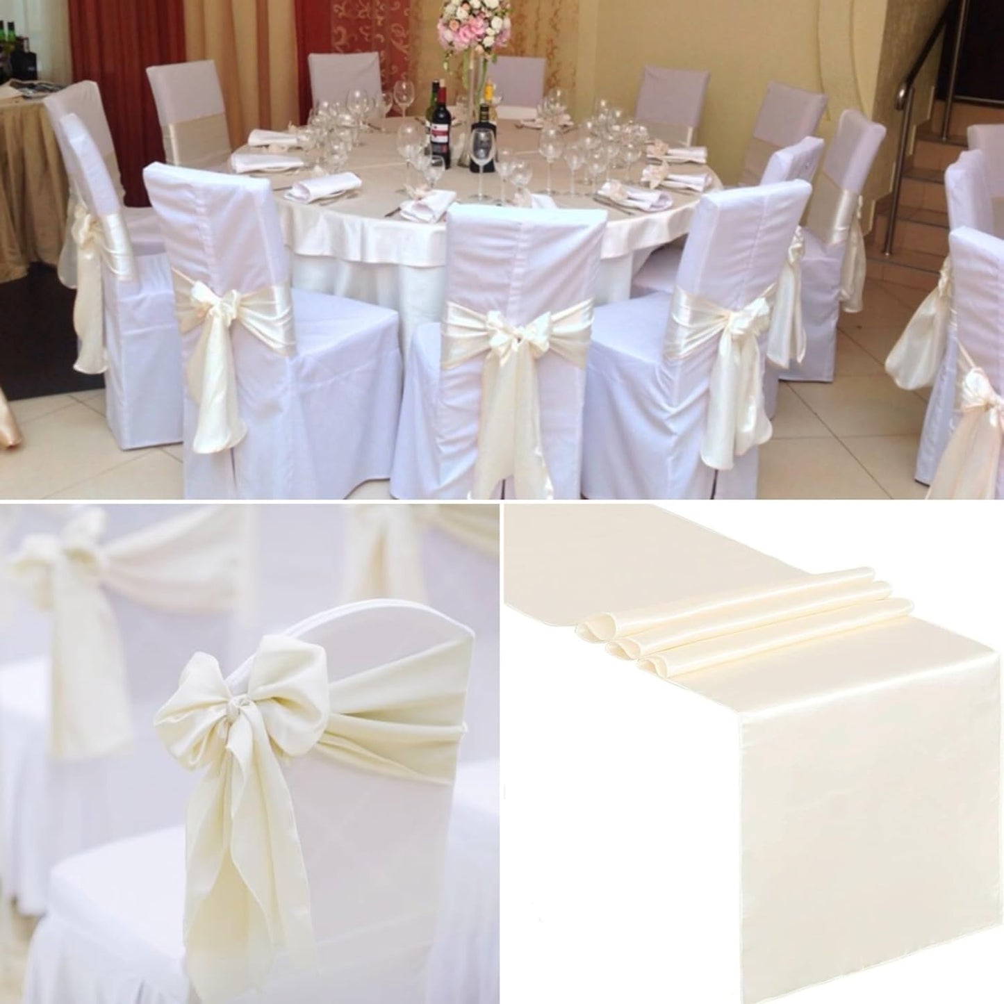 100 PCS Satin Chair Sashes Decorative Bow Chair Sashes Ties Chairs Ribbon Bows Seat Cover Band for Wedding Birthday Party Ceremony Reception Hotel Banquet Events Home Kitchen Decor(7x108Inch,Ivory)