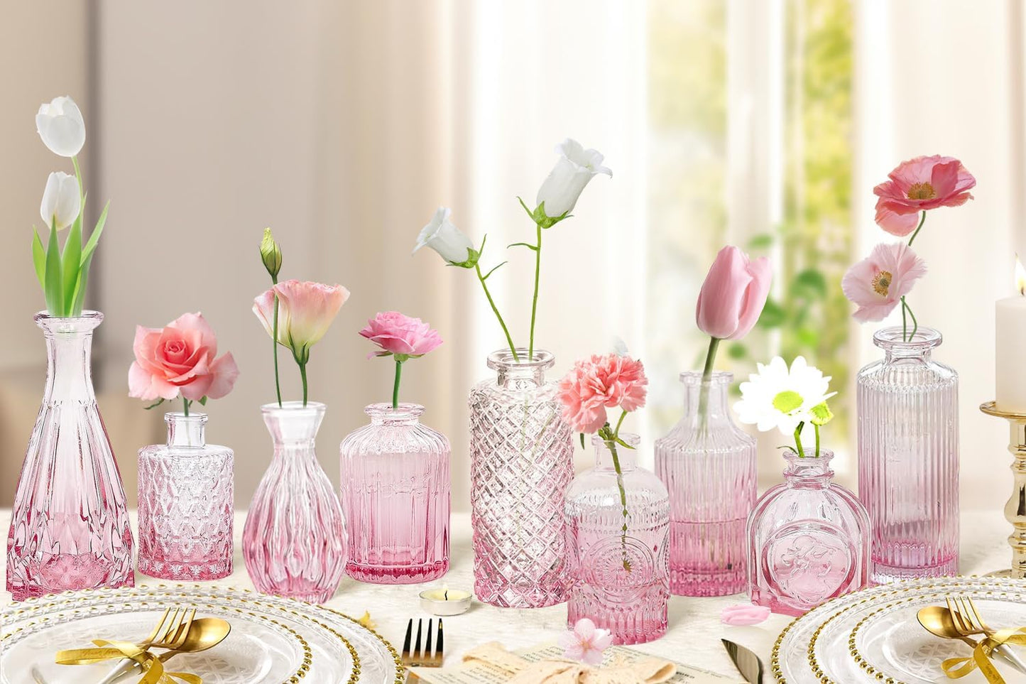 Pink Glass Bud Vases Set of 20 - Mini Vintage Vases for Wedding Decorations Home Table Flower Decor, Small Carved Design Glass for Centerpieces