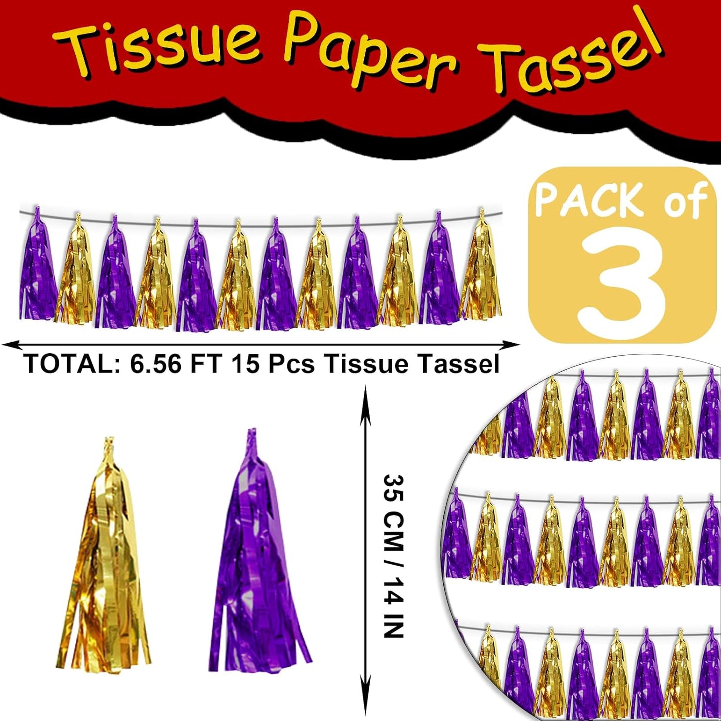 3P Purple Gold Metallic Fringe Tassel Banner Garland Foil Tinsel Streamer Wall Hanging Curtain Backdrop Banner for Parade Floats, Graduation Decorations, Halloween, Christmas Decorations