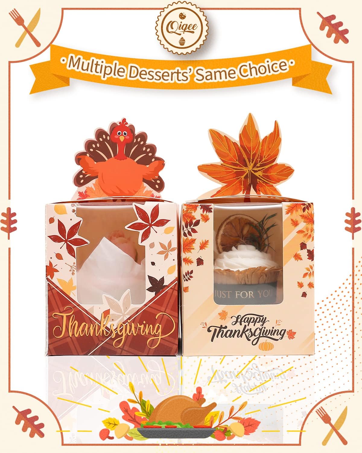 qiqee Thanksgiving Individual Cupcake Boxes Cupcake Holders Disposable 60pcs Single Cupcake Boxes with Window 3.7x3.7x4.5 inch Cupcake Containers For Thanksgiving
